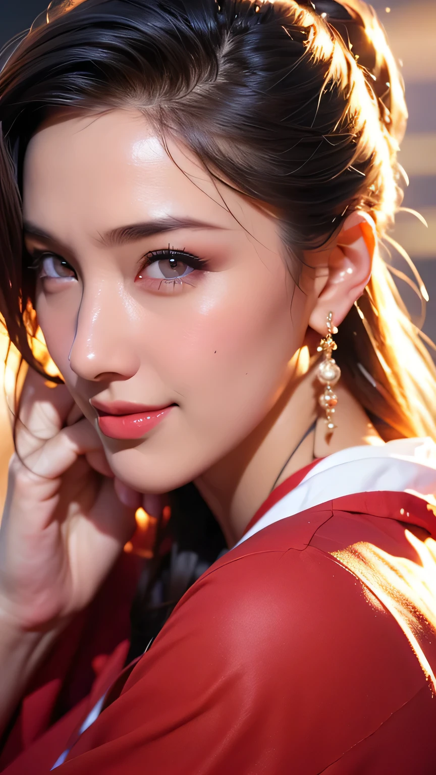 Beautiful woman in kimono,body portrait、8k,fine and beautiful eyes,Dindal effect、masterpiece, 最high quality, high quality, High resolution、very detailed photos、(natural skin texture、fine skin、hyper realism、Super sharpness)、high detail skin、(very detailed、fine skin texture、intricate details、beautiful face、(lifelike face)、realistic eyes、beautiful and detailed eyes、real looking skin、beautiful skin、surreal、very detailed、golden ratio、with smiling eyes、((night moonlight background))、body portrait、G cup、big breasts,Oily muscle、shiny skin、glamorous,shiny bodysuit