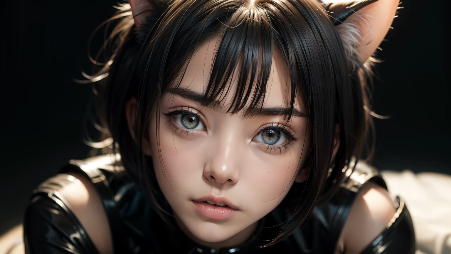 (8K, Raw photography, top-quality, ​masterpiece :1.3), (small skinny japanese girl in see through rubber suit, small breasts, small collar, cat ears, fear in her face :1.3), (beautiful detailed eyes, beautiful detailed lips, no lipstick, extremely detailed face, small hips :1.3), (pixie shaved hair cut :1.2)