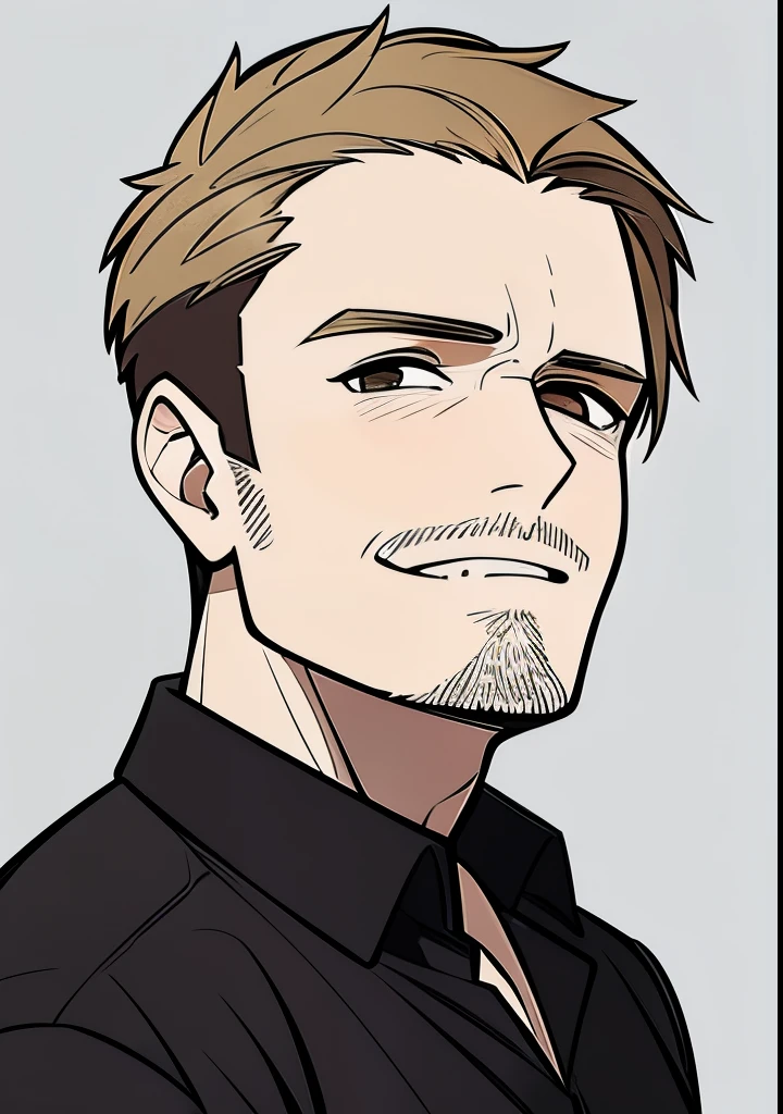 One 45 year old Adult male, brownish blonde short hair parted down the middle, side burns, stubble, brown eyes, cocky overconfident and murderous expression, shit eating grin, wearing white collared shirt, portrait style, facing forwards, plain grey background