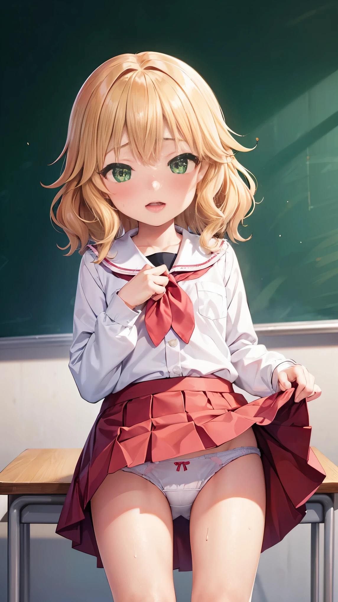 highest quality,best quality,1girl,1boy,(((()))),flat chest,orgasm,blush, sweat, sakurai momoka,blonde hair,white shirt,pink skirt,mini skirt,panty shot,upskirt,lift skirt,white panties,classroom