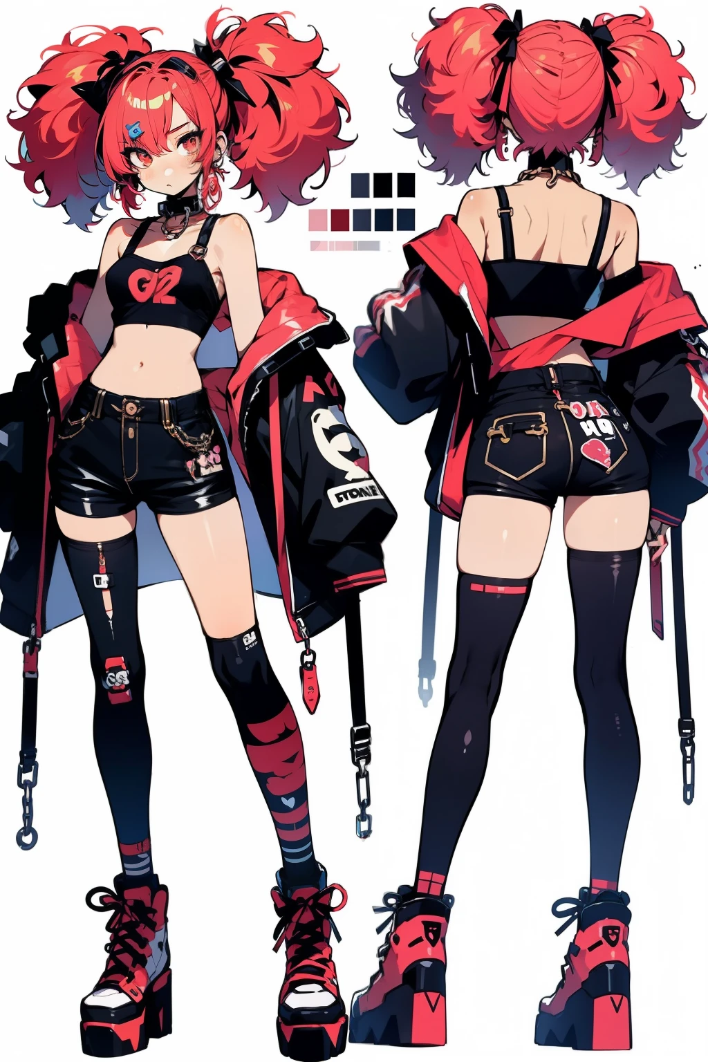 anime, illustrate, girl, anime style, character design, 2d, y2k, grunge, cyber, red hair, emo, tan, chains, black, ponytails, edgy, in bra and undie