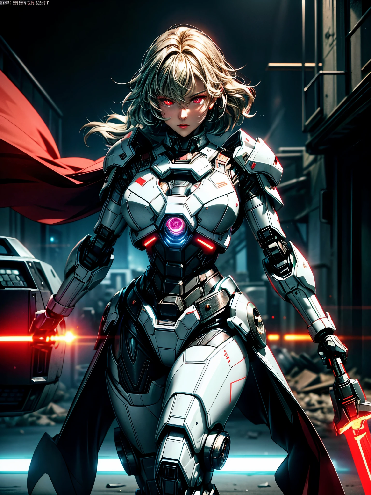 Ultra-wide shot,(Sexy female robot in futuristic armor),(retain human body characteristics),fantasy,Science Fiction,Break, 
Beautiful female face,Tempting,sexy,mist,Vivid and charming eyes,(Glowing eyes),Super detailed eyes,Fine textured face,soft textured skin,holding laser-sword weapon,red Glowing laser-sword,white and darkgrey armor,High detail armor,with scratches and burned,Break, 
background,(In a destroyed futuristic city),destory,in war,giant robot,giant robott walking in the distance,with Laser-weapons,Laser light emitted from weapons,Electric light,Fight back,counterattack,Break, 
dramatic,Best quality masterpiece,Reality,detailed,HDR,Shallow and deep,Movie Lighting,Shining,Clear focus,Bloom,Chromatic Aberration,Futurism,Verism,anime style,sparkle,glowing light,ray tracing,reflection light,drop shadow,chromatic aberration abuse,cinematic lighting,high detail,8k,super detail,UHD,retina,highres,masterpiece,award winning,ccurate