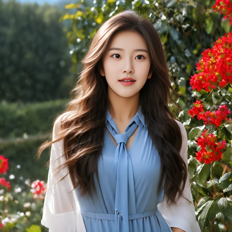 Young Asian woman with long flowing hair blowing up,) Look straight at the camera intently,) Focus on the face clearly,) The countryside outdoors has bright red flowers all around and an old thatched hut., Wear a red jacket and tie.,Blue,black,)  Exaggerated colors cool action poses,) 8K images, Shot with a high quality camera with 45000000000 pixels.