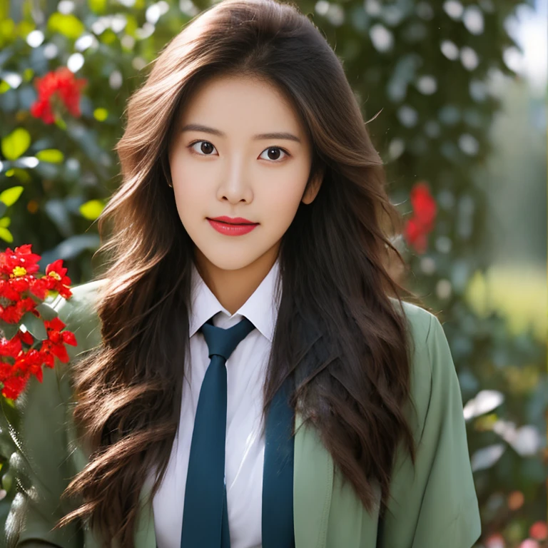 Young Asian woman with long flowing hair blowing up,) Look straight at the camera intently,) Focus on the face clearly,) The countryside outdoors has bright red flowers all around and an old thatched hut., Wear a red jacket and tie.,Blue,black,) Exaggerated colors cool action poses,) 8K images, Shot with a high quality camera with 45000000000 pixels.
