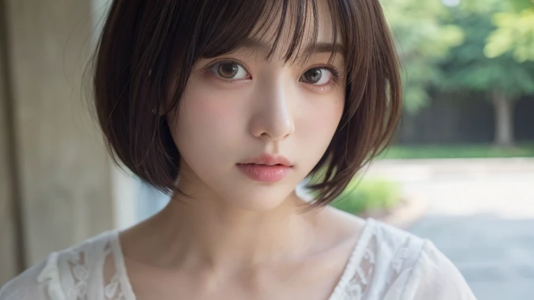 (Bob Cut Hair:1.2),(Wearing a blouse:1.2),1 girl,Japanese,21 years old,(Small breasts:1.3),(highest quality,masterpiece:1.3,超A high resolution,),(Ultra-detailed,Caustics),(Photorealistic:1.4,RAW shooting,)Ultra-Realistic Capture,Very detailed,High resolution 16K human skin close-up。 Natural skin texture、,Pores、、It needs to be detailed enough to be easily identifiable。 Skin should be even-toned and healthy looking。 Use natural light and colour, Sad expression, Looking at the camera, Perfect dynamic composition, Outdoor