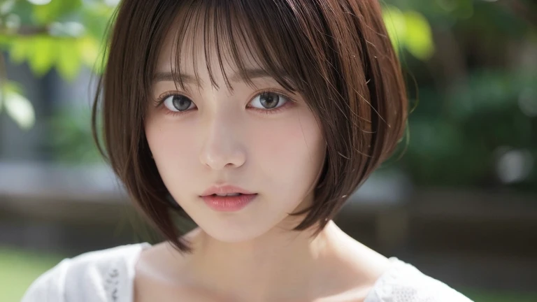 (Bob Cut Hair:1.2),(Wearing a blouse:1.2),1 girl,Japanese,21 years old,(Small breasts:1.3),(highest quality,masterpiece:1.3,超A high resolution,),(Ultra-detailed,Caustics),(Photorealistic:1.4,RAW shooting,)Ultra-Realistic Capture,Very detailed,High resolution 16K human skin close-up。 Natural skin texture、,Pores、、It needs to be detailed enough to be easily identifiable。 Skin should be even-toned and healthy looking。 Use natural light and colour, Sad expression, Looking at the camera, Perfect dynamic composition, Outdoor