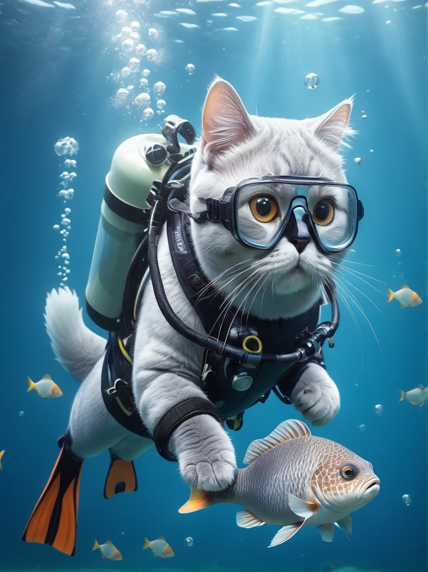 (一只穿着diving服和护目镜的british shorthair cat与鱼一起游泳)，Underwater scene，(diving)，1british shorthair cat，(穿着diving服)，(Carrying an oxygen cylinder on his back)，1 fish，Clownfish，bubble，Seaweed，Coral Reefs，Sunlight is filtered through the water，Tranquil atmosphere，calm，1.4x more realism，3D Rendering，Concept Art，Vibrant colors