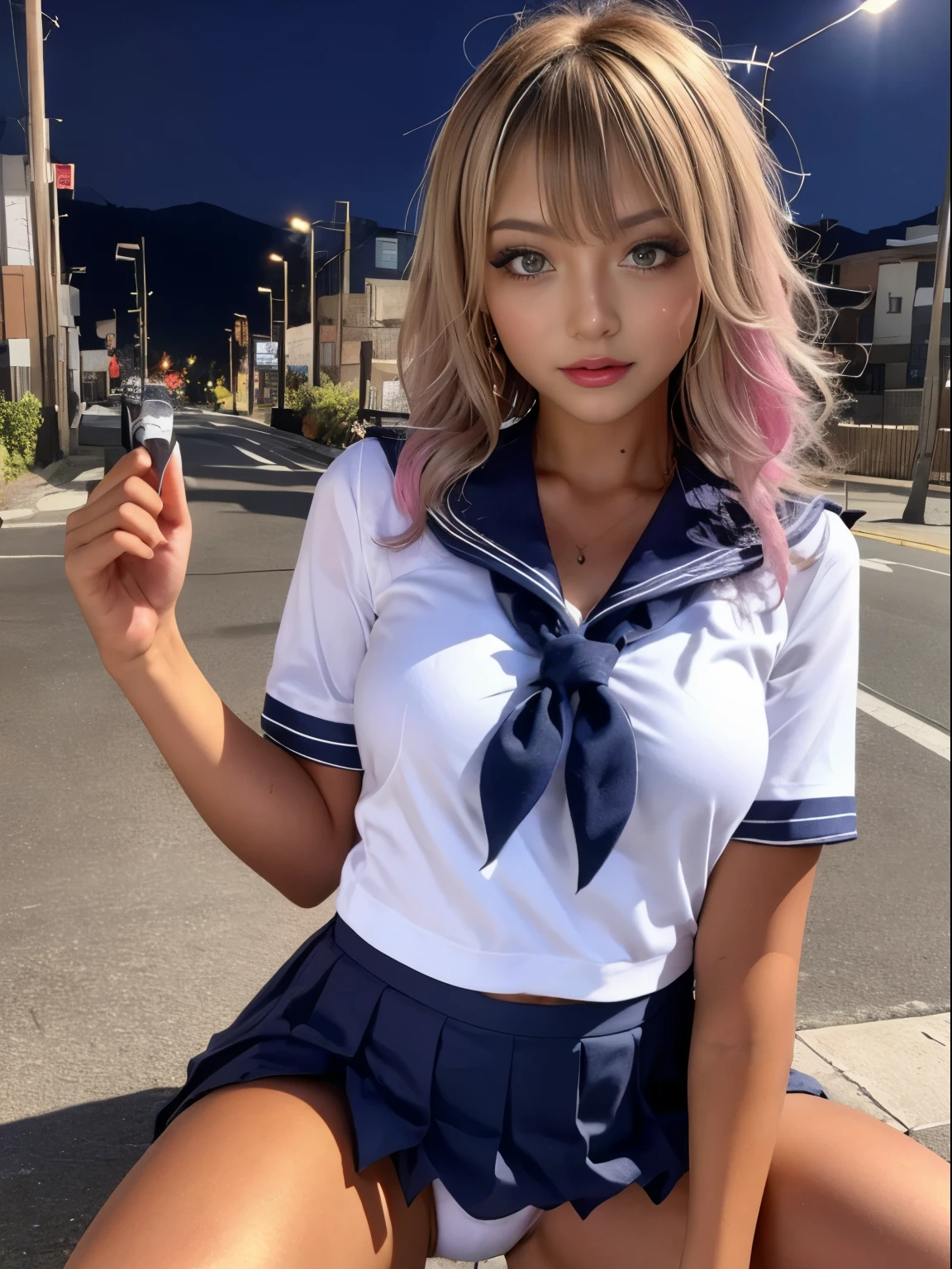 night中,moonlight,Exterior lights,Gal, (Anatomically correct),masterpiece, highest quality, RAW Photos, Realistic, face, Unbelievably ridiculous, Beautiful girls, cute, Written boundary depth, High resolution, Super detailed, detailed, ighly detailedd, Extremely detailed eye and realistic student, pale and tanned skin,alone,woman,(panties), (Short-sleeved sailor uniform:1.2),Spread your legs,Wide Hips, ((Sensual;1.5)), Glamour, Big Breasts,Sunburn marks on tanned skin,Pink Hair,Blonde,Platinum Hair,Brown Hair,orange,Wavy Hair,Shortcuts,Pixie Cut,Cosplay,building,intersection,stage,Pedestrian bridge,vending machine,night,深night