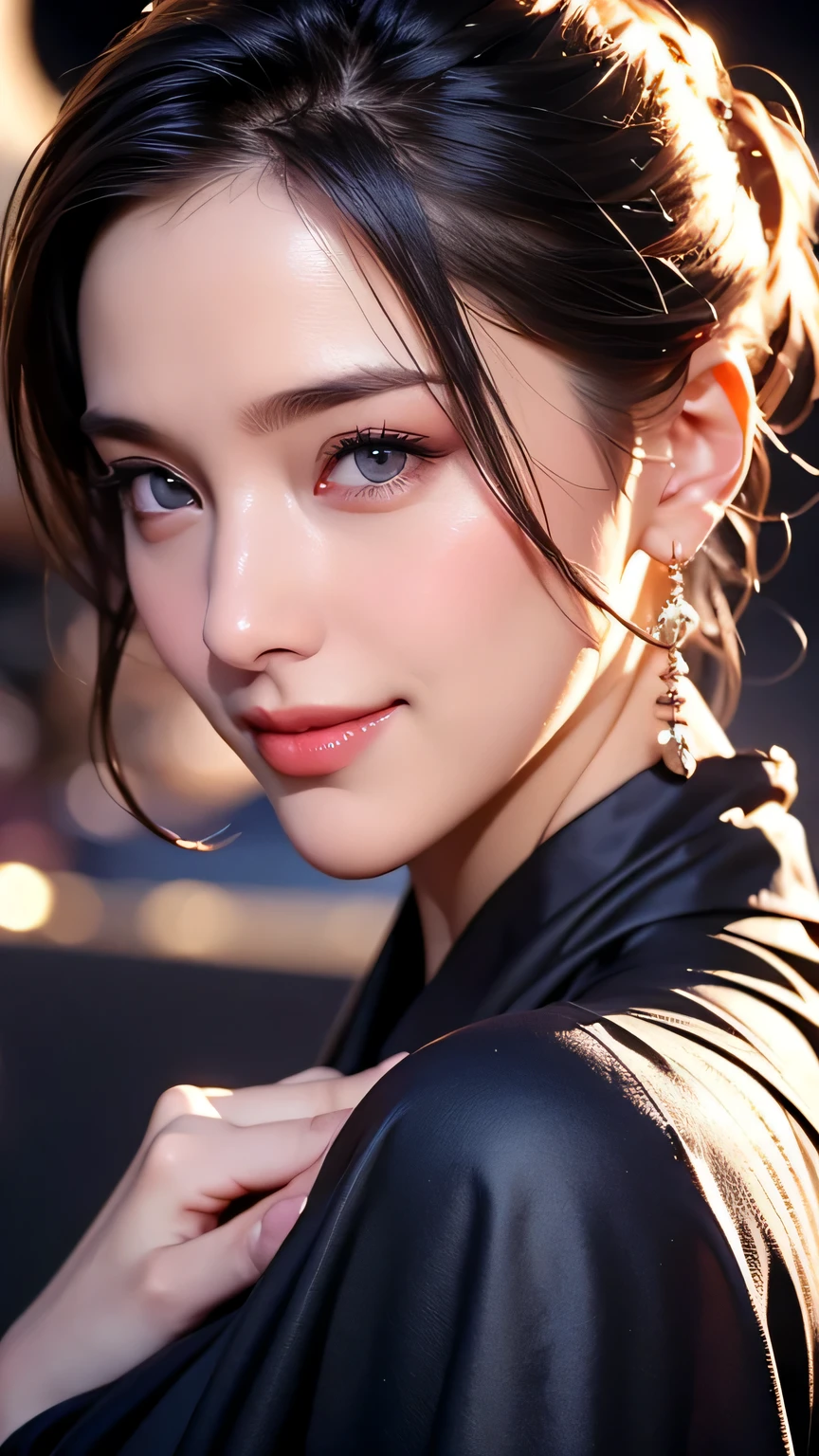 Beautiful woman in kimono，body portrait、8k，fine and beautiful eyes，Dindal effect、masterpiece, 最high quality, high quality, High resolution、very detailed photos、(natural skin texture、fine skin、hyper realism、Super sharpness)、high detail skin、(very detailed、fine skin texture、intricate details、beautiful face、(lifelike face)、realistic eyes、beautiful and detailed eyes、real looking skin、beautiful skin、surreal、very detailed、golden ratio、with smiling eyes、((night moonlight background))、body portrait、G cup、big breasts,Oily muscle、shiny skin、glamorous,shiny bodysuit