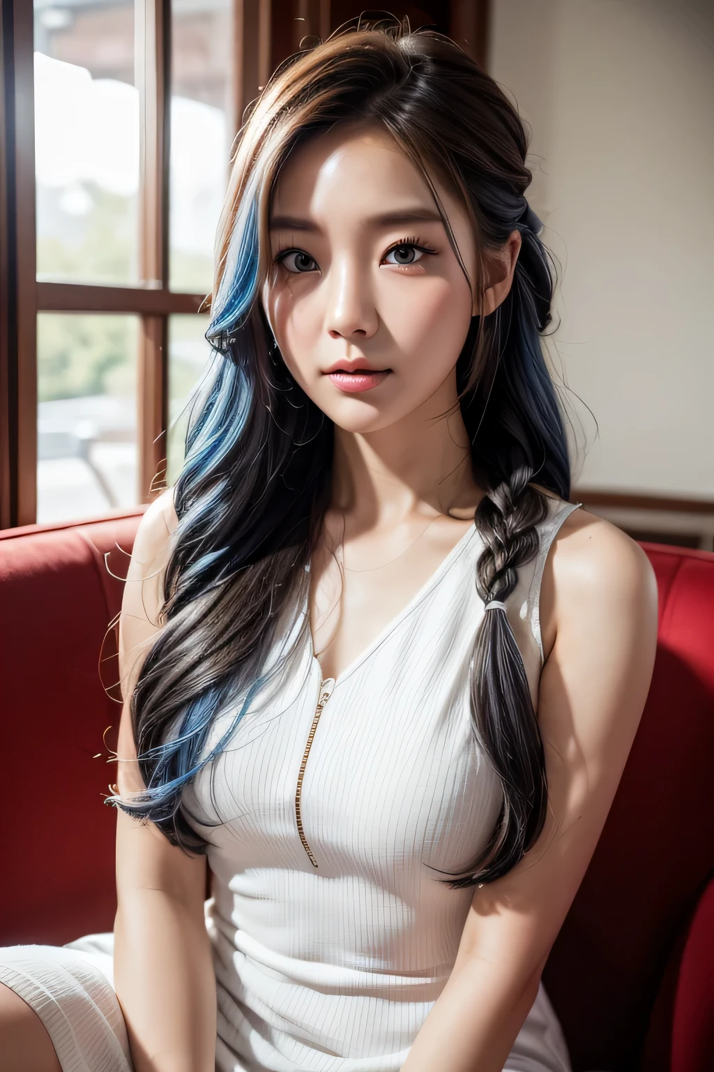 Korean woman sitting in a luxury hotel lobby drinking coffee、Photos of Lee Gahyeon。Window sunlight, Blue Hair, Dynamic pose, Skin Texture, Pale skin, Shiny skin, (slim, small:1.2), [:(Sharp focus on the face, Detailed face, Perfect Eyes, View your viewers:1.2):0.2], Realistic, Film Grain, 最high quality, masterpiece masterpiece, 最high quality, high quality, High resolution, curly hair in long braids､((White short dress))､((Face close-up)))