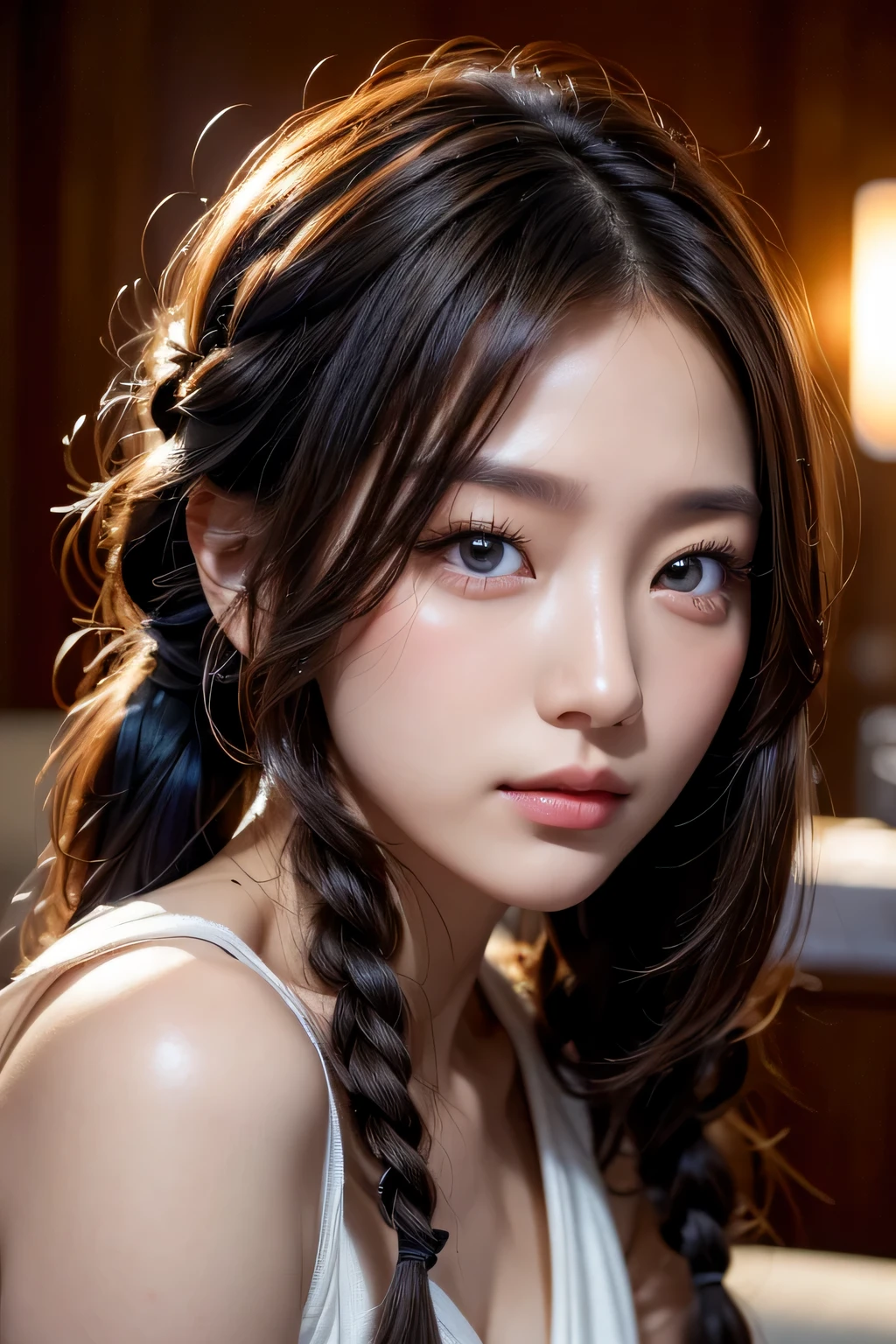 Korean woman sitting in a luxury hotel lobby drinking coffee、Photos of Lee Gahyeon。Window sunlight, Blue Hair, Dynamic pose, Skin Texture, Pale skin, Shiny skin, (slim, small:1.2), [:(Sharp focus on the face, Detailed face, Perfect Eyes, View your viewers:1.2):0.2], Realistic, Film Grain, 最high quality, masterpiece masterpiece, 最high quality, high quality, High resolution, curly hair in long braids､((White short dress))､((Face close-up)))