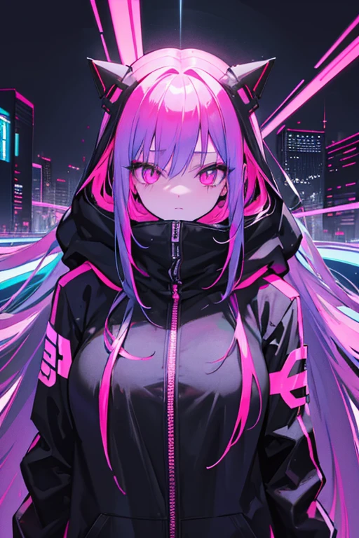 Long haired masked girl, cyberpunk mask, neon, high resolution, sharp, neon mask, 1 girl, big hoodie, oversized hoodie, black clothes, cyberpunk city background, neon city background