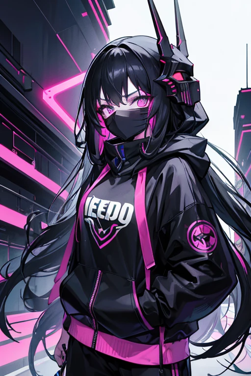 Long haired masked girl, cyberpunk mask, neon, high resolution, sharp, neon mask, 1 girl, big hoodie, oversized hoodie, black clothes, cyberpunk city background, neon city background