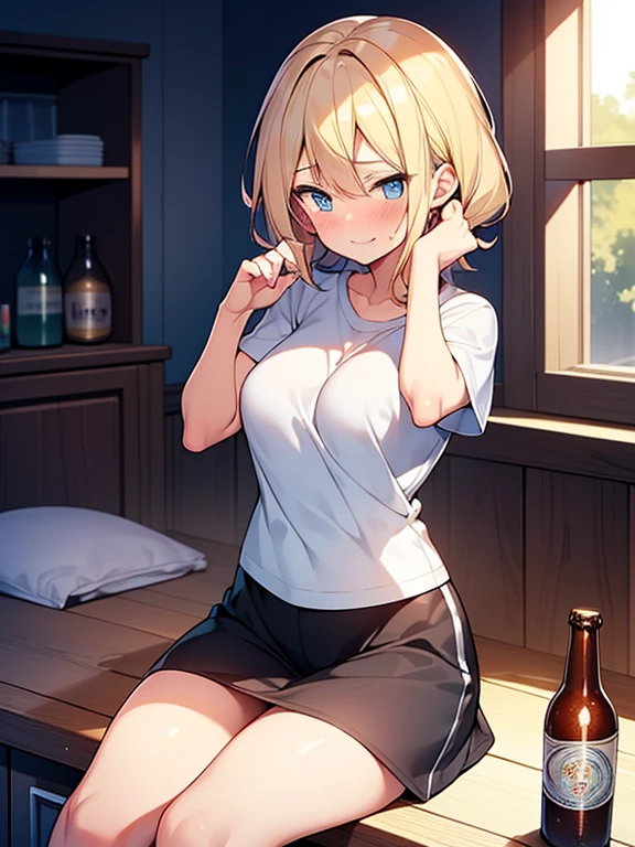 Modest, Shy, Infinitely cute and beautiful, sporty figure, pumped up athletic girl 17 years old; Blonde with short hair, with small neat elastic breasts; with relief muscles; big shiny blue eyes, long eyelashes, A slight blush, Carefree facial expression, A big smile, laughter, Drunk; long t-shirt, A bottle of beer in his hand; the night, The soft light of the lanterns from the window; sits on the windowsill; Cozy kitchen of the women's dormitory;;  Full-length photography from a short distance; Anatomical realism, higly detailed, high quality textures