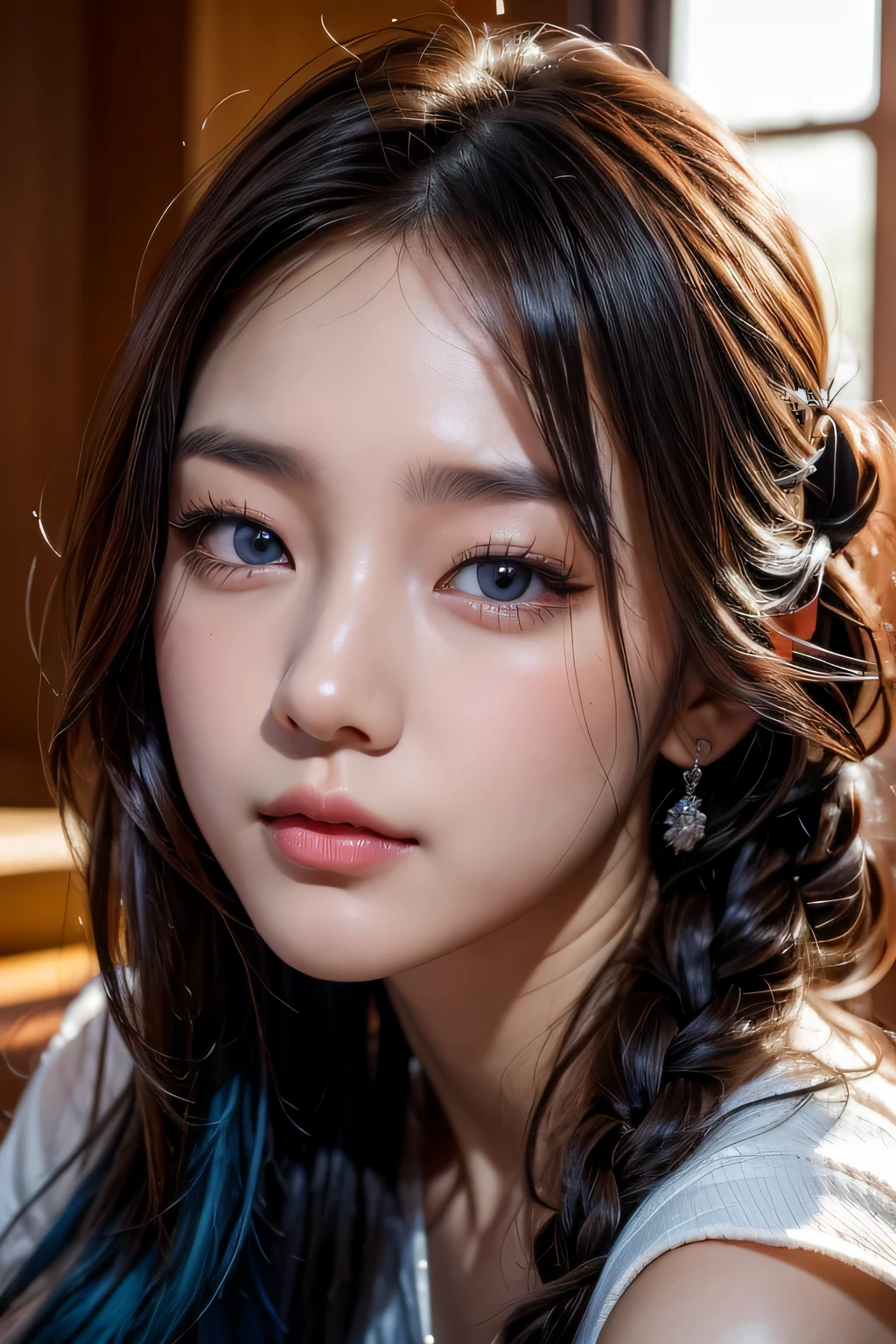 Korean woman sitting in a luxury hotel lobby drinking coffee、Photos of Lee Gahyeon。Window sunlight, Blue Hair, Dynamic pose, Skin Texture, Pale skin, Shiny skin, (slim, small:1.2), [:(Sharp focus on the face, Detailed face, Perfect Eyes, View your viewers:1.2):0.2], Realistic, Film Grain, 最high quality, masterpiece masterpiece, 最high quality, high quality, High resolution, curly hair in long braids､((White short dress))､((Face close-up)))