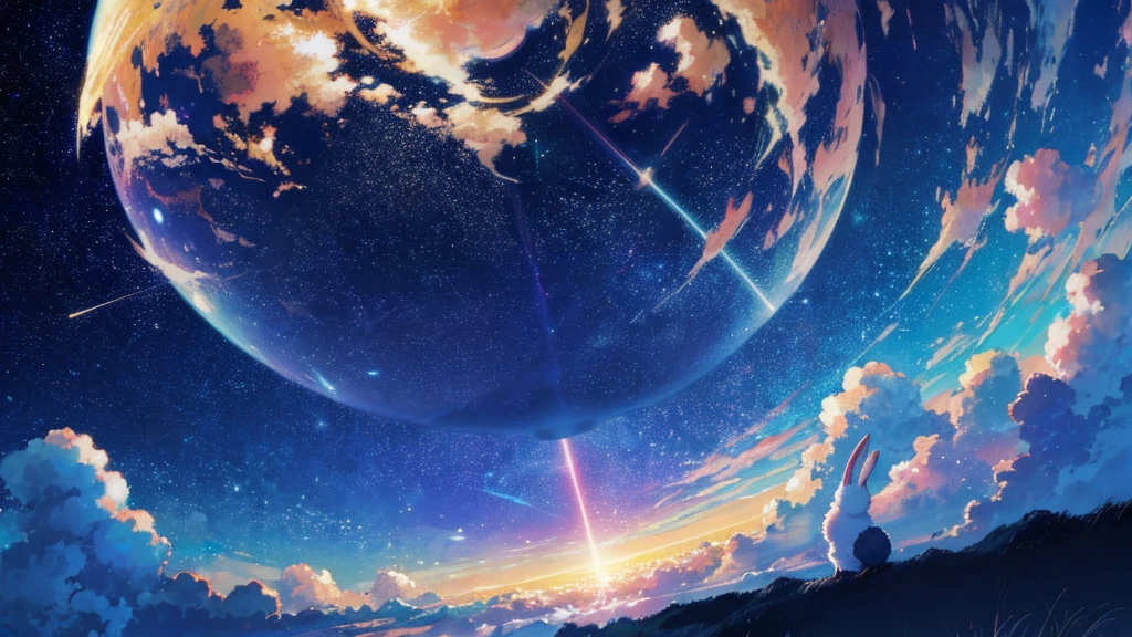 Beautiful sky anime scene with stars and planets, Space Sky. A rabbit is standing and looking at the sky. Nature by makoto shinkai, anime art wallpaper 4k, anime art wallpaper 4k, anime art wallpaper 8k, anime wallpaper 4k, anime wallpaper 4k, 4k anime wallpaper, Anime Sky, Awesome Wallpapers, Anime Background, Heavenly planets in the background, Anime Background art、Rabbit on the hill