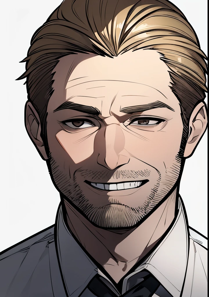 One 45 year old Adult male, brownish blonde short hair parted down the middle, side burns, stubble, brown eyes, cocky overconfident and murderous expression, shit eating grin, wearing white collared shirt, portrait style, facing forwards, plain grey background