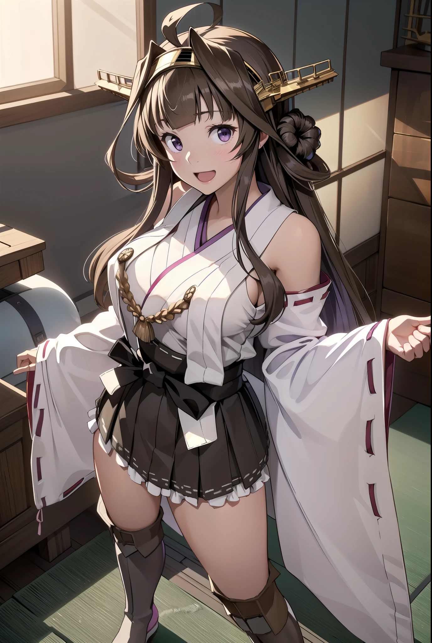 Ship Kongo, kongou, Ahoge, Brown Hair, Double good, Hair Bun, hair band, headgear, Long Hair, (Purple eyes:1.1), 
Breaking boots, Removable sleeves, kimono, Non-traditional Shrine Maiden, Ribbon trim, Sleeves edged with ribbon, Thigh-high boots, Wide sleeves,
壊す looking at viewer, smile, blush, Full body,Standing Break Living, Office Room, Break the lower body (masterpiece:1.2), highest quality, High resolution, unity 8k wallpaper, (shape:0.8), (Beautiful details:1.6), Highly detailed face, Perfect lighting, Extremely detailed CG, (Perfect hands, Perfect Anatomy),(panties) Skirt Lift,