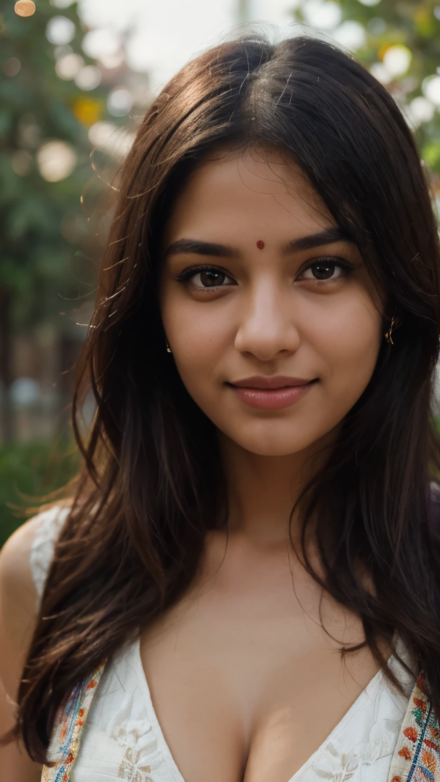 A beautiful Indian girl cute smile (best quality,4k,8k,highres,masterpiece:1.2),ultra-detailed,(realistic,photorealistic,photo-realistic:1.37),portrait,garden,Indian girl,beautiful detailed eyes,beautiful detailed lips,long dark hair,traditional Indian clothing,colorful flowers,soft and warm lighting,playful,joyful expression,alluring gaze,sunlit background,bokeh, vibrant colors