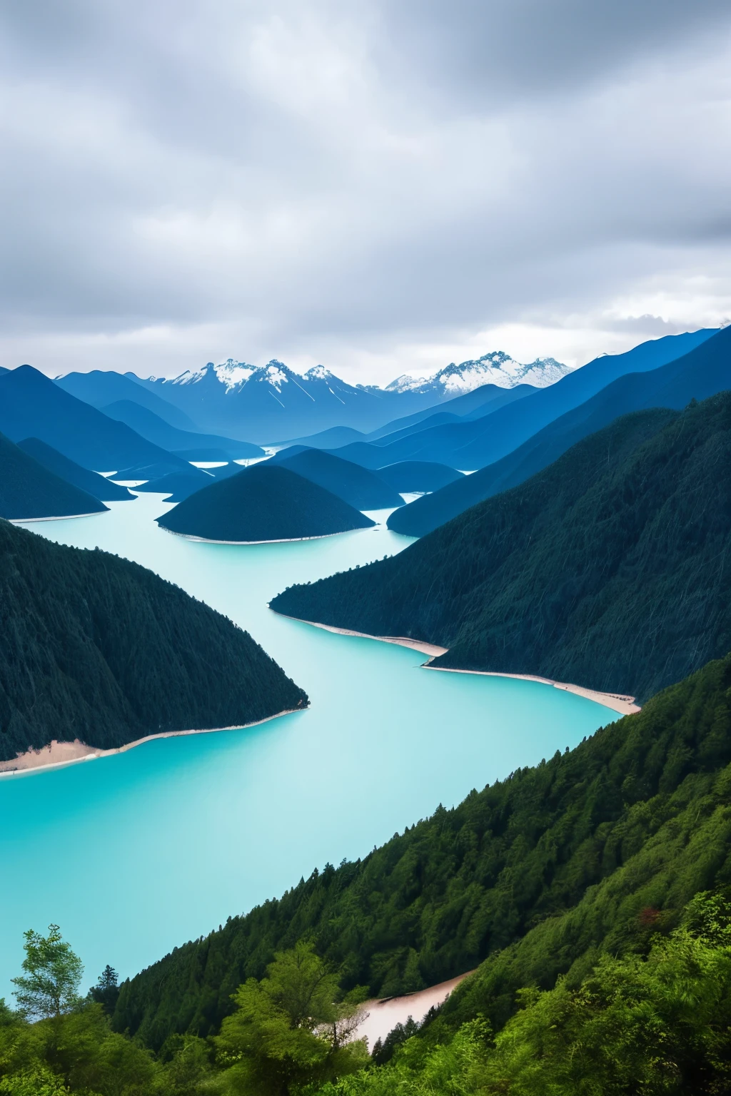 Generate an endless ocean, a sprawling expanse of water reflecting the hue of Jiuzhaigou, a renowned scenic area known for its vibrant colors. Amidst this panorama, the sky is shrouded in a thick, ominous blanket of clouds, harboring intermittent downpours. The tempestuous winds whip the surface of the water, generating formidable waves that tower above the tranquil sea. In the distance, snowy mountains rise majestically, their peaks barely visible through the stormy skies, imparting an ethereal and mysterious quality to the animation. This impressive portrayal of nature in turmoil is rendered in