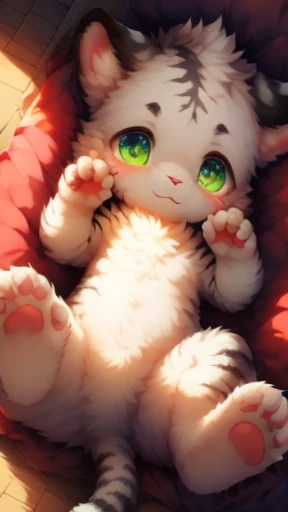 masterpiece, highest quality, (alone ), (Perfect Face:1.1), (Attention to detail:1.1), (Ultra-detailed eyes), dramatic, White Tiger,fluffy,baby,On the bed,Lying on your back,Full body fur,boy,White fur,Black tiger pattern,Black eyebrows,White Tiger,baldness,baldness,baby,Whites of the eyes are light green,Cat Eyes,Slanted Eyes,Small eyebrows, claw pose, from above,Spread your legs,Cherry in the crotch