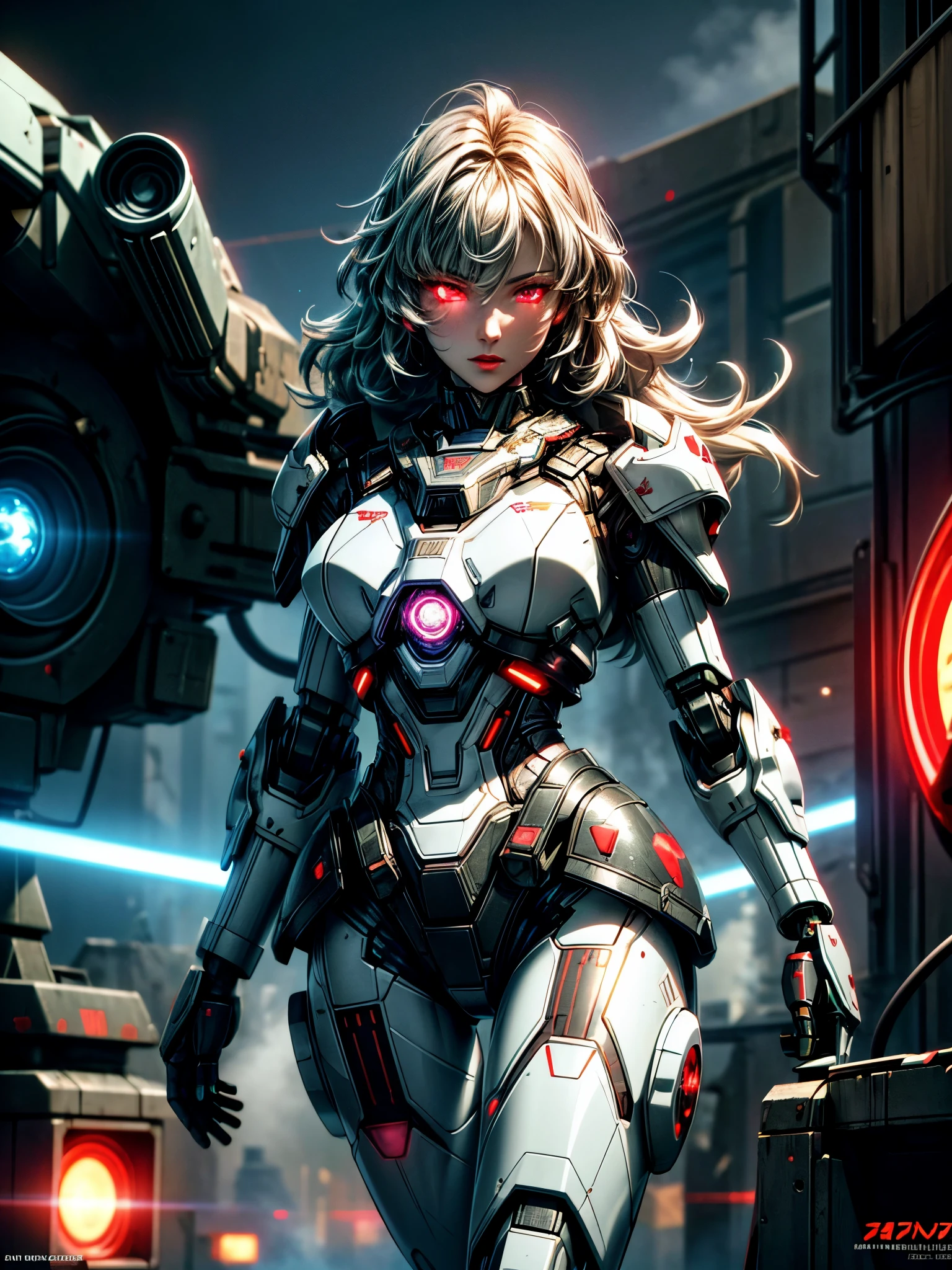 Ultra-wide shot,(Sexy female robot in futuristic armor),(retain human body characteristics),fantasy,Science Fiction,Break,
Beautiful female face,Tempting,sexy,mist,Vivid and charming eyes,(Glowing eyes),Super detailed eyes,Fine textured face,soft textured skin,holding laser-sword weapon,red Glowing laser-sword,white and darkgrey armor,High detail armor,with scratches and burned,Break,
background,(In a destroyed futuristic city),destory,in war,giant robot,giant robott walking in the distance,with Laser-weapons,Laser light emitted from weapons,Electric light,Fight back,counterattack,Break,
dramatic,Best quality masterpiece,Reality,detailed,HDR,Shallow and deep,Movie Lighting,Shining,Clear focus,Bloom,Chromatic Aberration,Futurism,Verism,anime style,sparkle,glowing light,ray tracing,reflection light,drop shadow,chromatic aberration abuse,cinematic lighting,high detail,8k,super detail,UHD,retina,highres,masterpiece,award winning,ccurate
