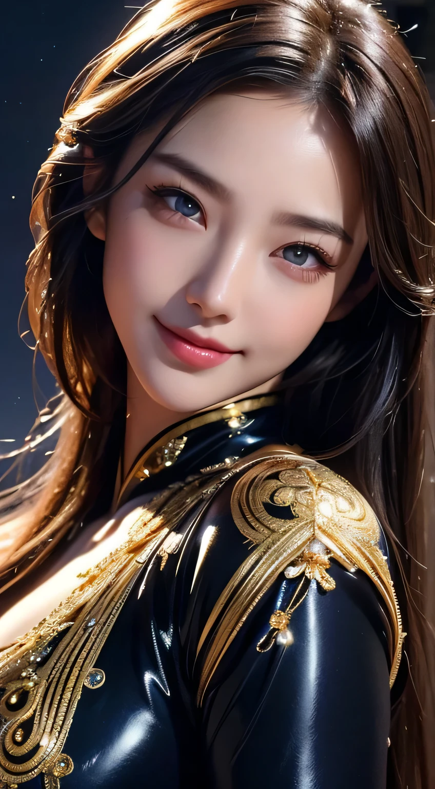 Beautiful woman in kimono,body portrait、8k,fine and beautiful eyes,Dindal effect、masterpiece, 最high quality, high quality, High resolution、very detailed photos、(natural skin texture、fine skin、hyper realism、Super sharpness)、high detail skin、(very detailed、fine skin texture、intricate details、beautiful face、(lifelike face)、realistic eyes、beautiful and detailed eyes、real looking skin、beautiful skin、surreal、very detailed、golden ratio、with smiling eyes、((night moonlight background))、body portrait、G cup、big breasts,Oily muscle、shiny skin、glamorous,shiny bodysuit