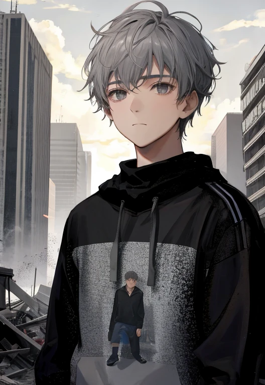 boy, 16 years old, young, Gray Hair, Iris, Black sweater, Sad face, Handsome man in a destroyed city