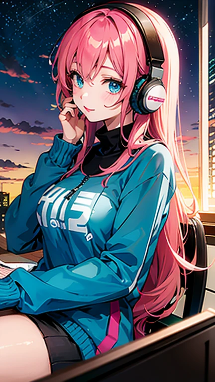 Anime girl with headphones studying、Anime girl with headphones studying,Starbucks Coffee、best quality, ultra high res, beautiful detailed 、laptop、pink hair, blue eyes, slender, haunting smile,red lips、Big Breasts、Sunset