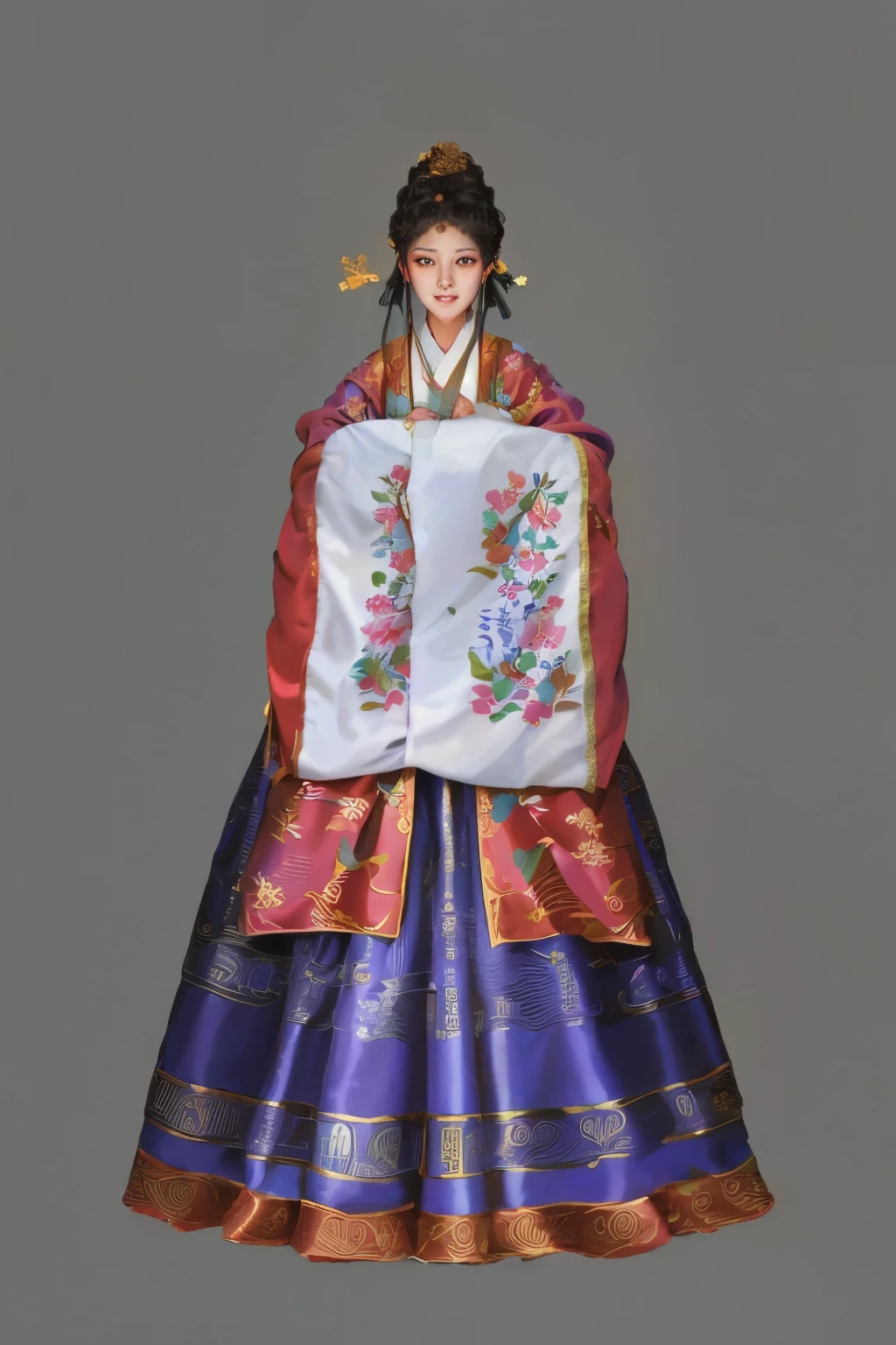 arafed image of a woman in a traditional chinese dress, inspired by Sim Sa-jeong, inspired by Jeong Seon, hanbok, korean hanbok, hanbok apron, imperial royal elegant clothing, inspired by Yun Du-seo, inspired by Shin Yun-bok, wearing a noblewoman's outfit, very detailed and rich clothing, wearing ornate silk clothes