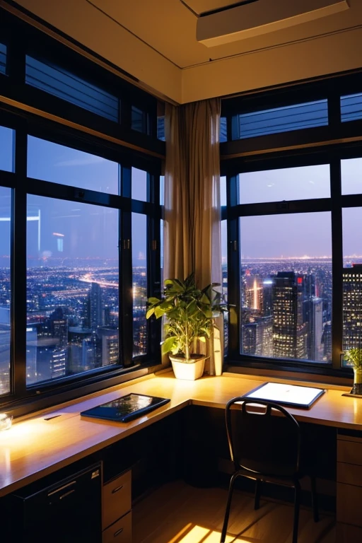 High floor corner room Large windows on the south and west sides Desk and houseplants Outside, it's city night The view is like being in an airplane cockpit
