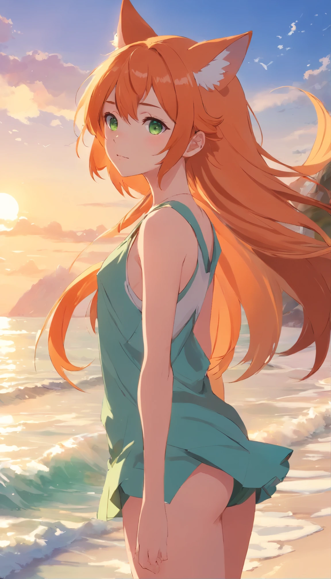 anime girl with long orange hair standing on beach near ocean, green eyes detailed digital anime art, fox ears, fox tail, anime girl with long hair, smooth anime cg art, anime girl with long hair, digital anime art, artwork in the style of guweiz, beautiful anime portrait, photorealistic anime girl render, beautiful anime girl, advanced digital anime art, guweiz on artstation pixiv upscale HD UHD HQ