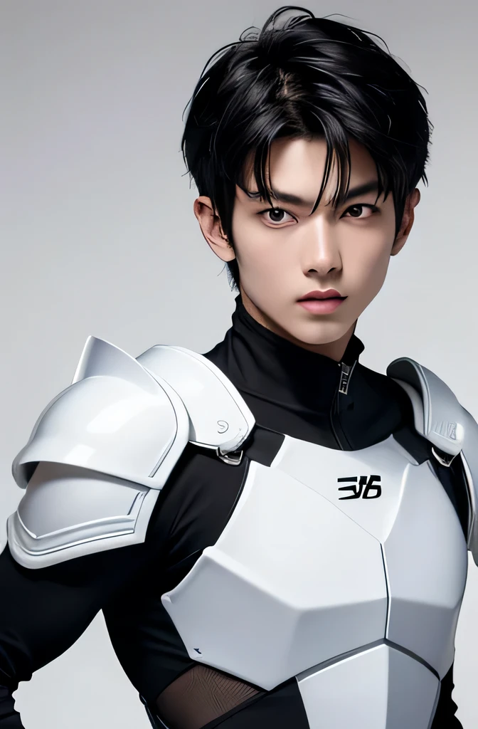 Japanese Male Model　Cool 18 year old　Short black hair　Slim and muscular　Fierce　Bright screen　　White Armor　looking at the camera　Baby Face　cute