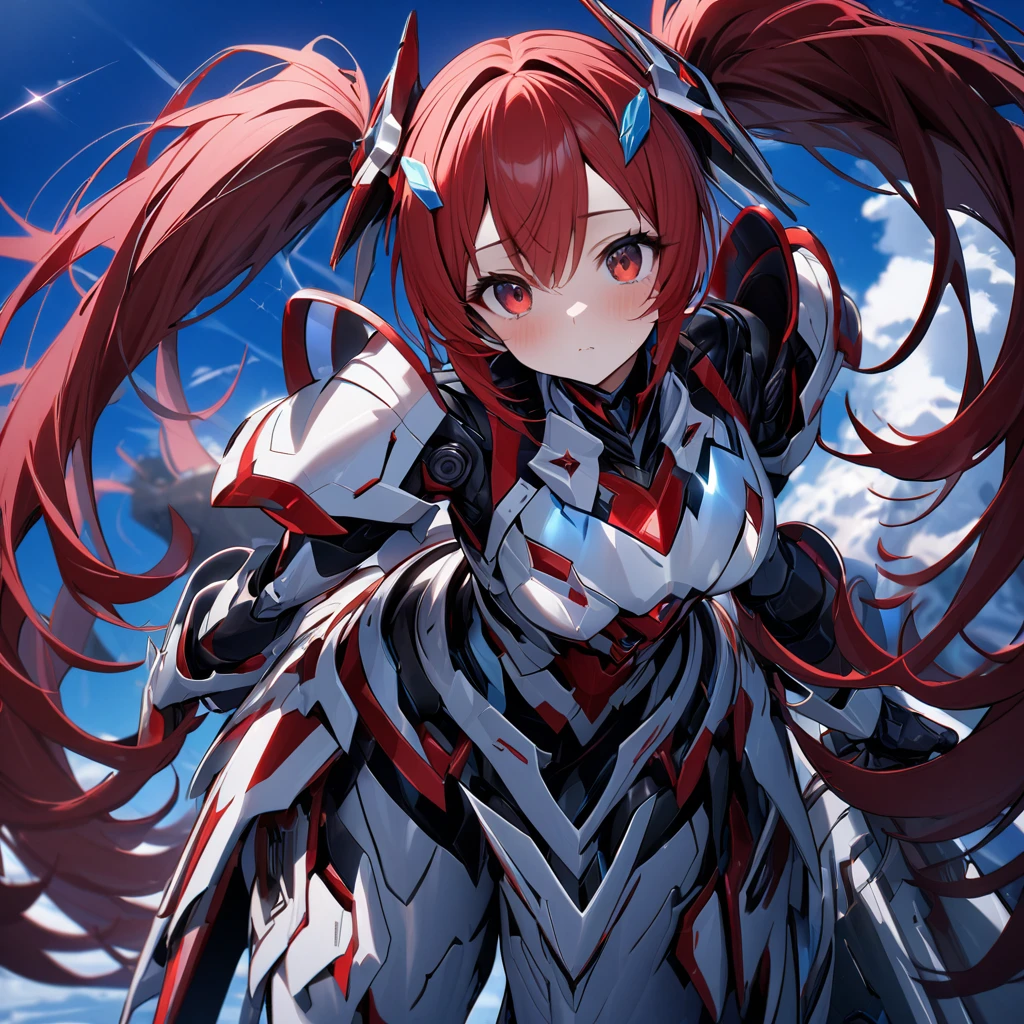 High quality, high definition, hig
h precision images,8k 1 Girl Robot Girl、red hair,Twin tails,Red eyes ,(red and white clothing Hold it with one hand),,He's wearing flashy robot armor.school blackboard towards,in Japanese red twin tails It writes,Pop doodles on the blackboard,