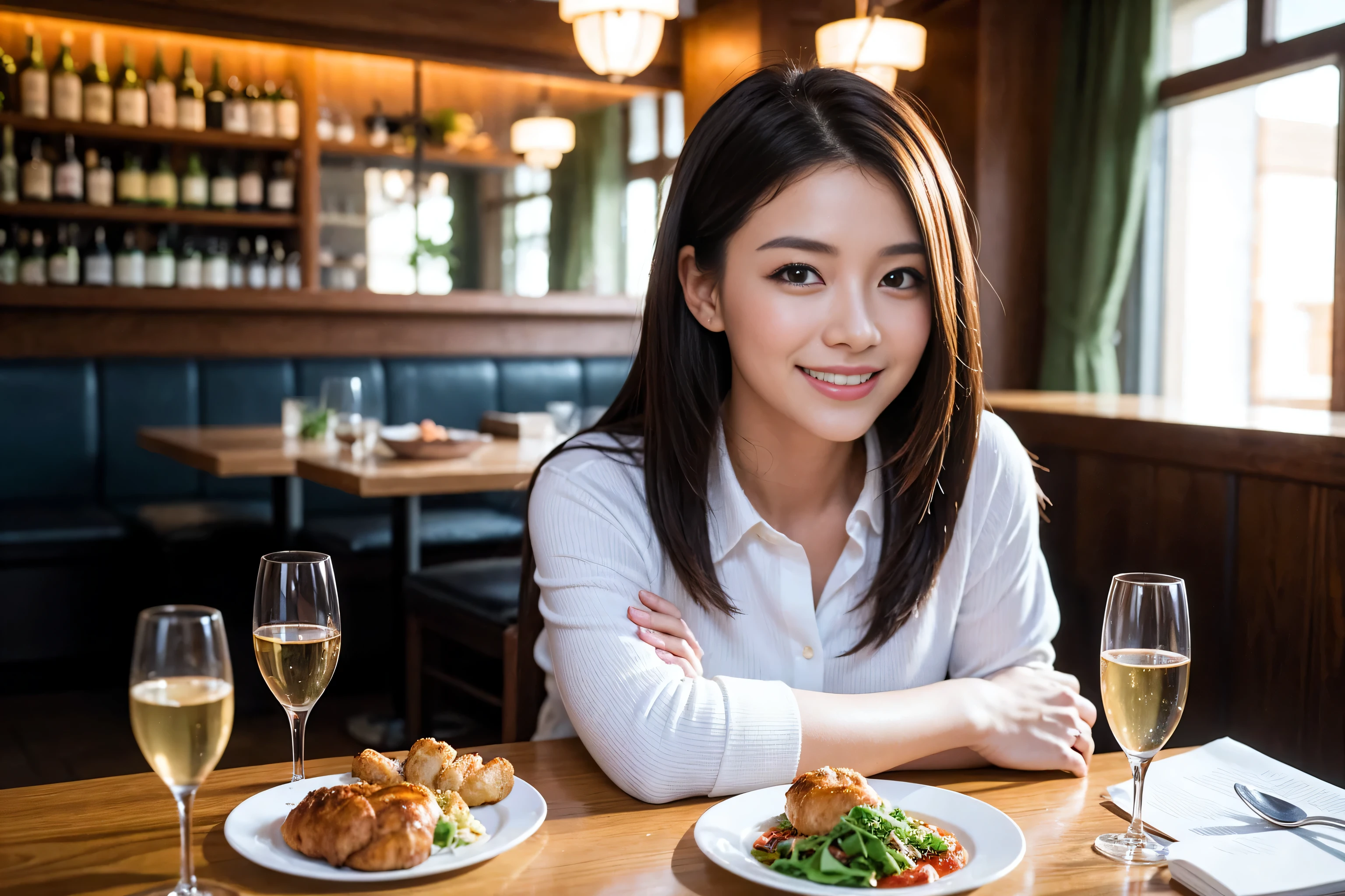 ((highest quality、8k、masterpiece:1.3))、Sharp focus:1.2、Beautiful woman perfect body:1.4、Slim body、((Bob Hale、Straight hair:1.2))、(to be born, highest quality, masterpiece:1.5), (Realistic, Intricate details:1.2), Ultra-high resolution, Lighting the face、Spectacular view of the sunset sky and clouds、Amazing mountain views、A bright smile、wine glass、red wine 、Appetizer、Italian food、Wine bottle、Champagne、sparkling wine、, Beautiful Face, blue eyes, The light shines on your face, Blushing, short hair,Bright Face、Fox face、 (42 years old), 40 years old, Lady、Two beauties、Brown Hair、Shortcuts、Long sleeve shirt、dress、Pretty Woman 1, (slim face), (The body is slim), (Brown Hair), (Shortcuts), cheeks turn a little red,Attractive beauty、, Out of the window, A beautiful and detailed night view unfolds.........., restaurant, In a prominent place (From the waist up) Nova Frog Style, actress, model, Upper Body, White wine, slim, wine glass, A wine glass placed in the middle, smile, (smile: 1.15), Beautiful fine grain, Depth f/2,saturation, High Contrast, Strong light and shadow,Moist Body:1.5、3D texture、Delicate eyes、Brown Hair、The hair is very shiny、