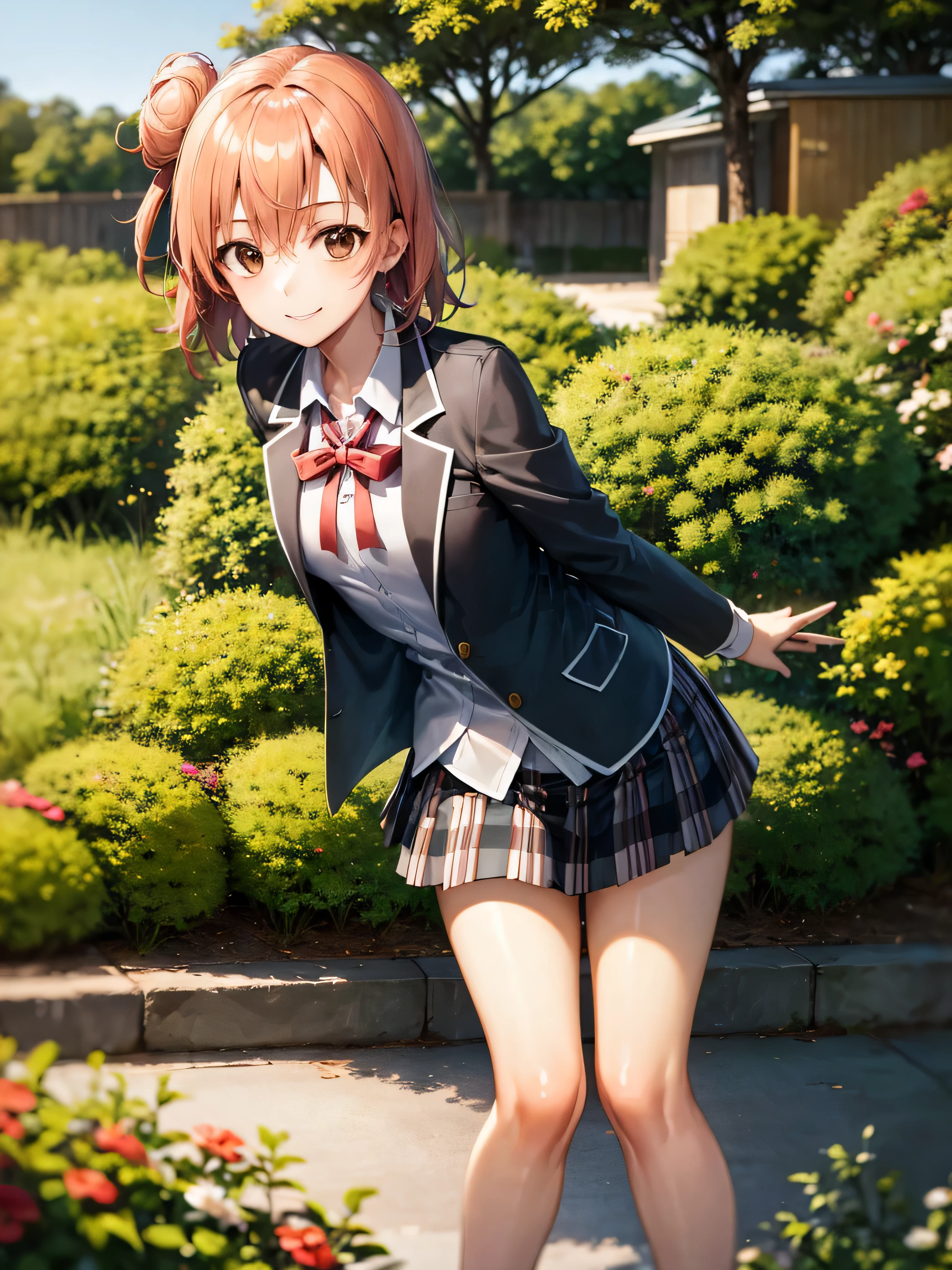 (masterpiece), highest quality, Expressive eyes, Perfect Face, High resolution, 1 girl, alone, yuigahama yui, short hair, (Brown eyes:1.5), (Orange Hair:1.2), Hair Bun, single Hair Bun, skirt, shirt, ribbon, , Jacket, white shirt, black Jacket, blazer, The room is expensive , Garden Background, Depth of written boundary, Put your hands behind your back, Leaning forward, smile, Are standing, Cowboy Shot, Looking at the audience