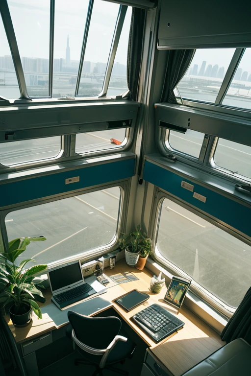 High floor corner room Large windows on the south and west sides Desk and houseplants The view is like being in an airplane cockpit Futuristic Youth Room