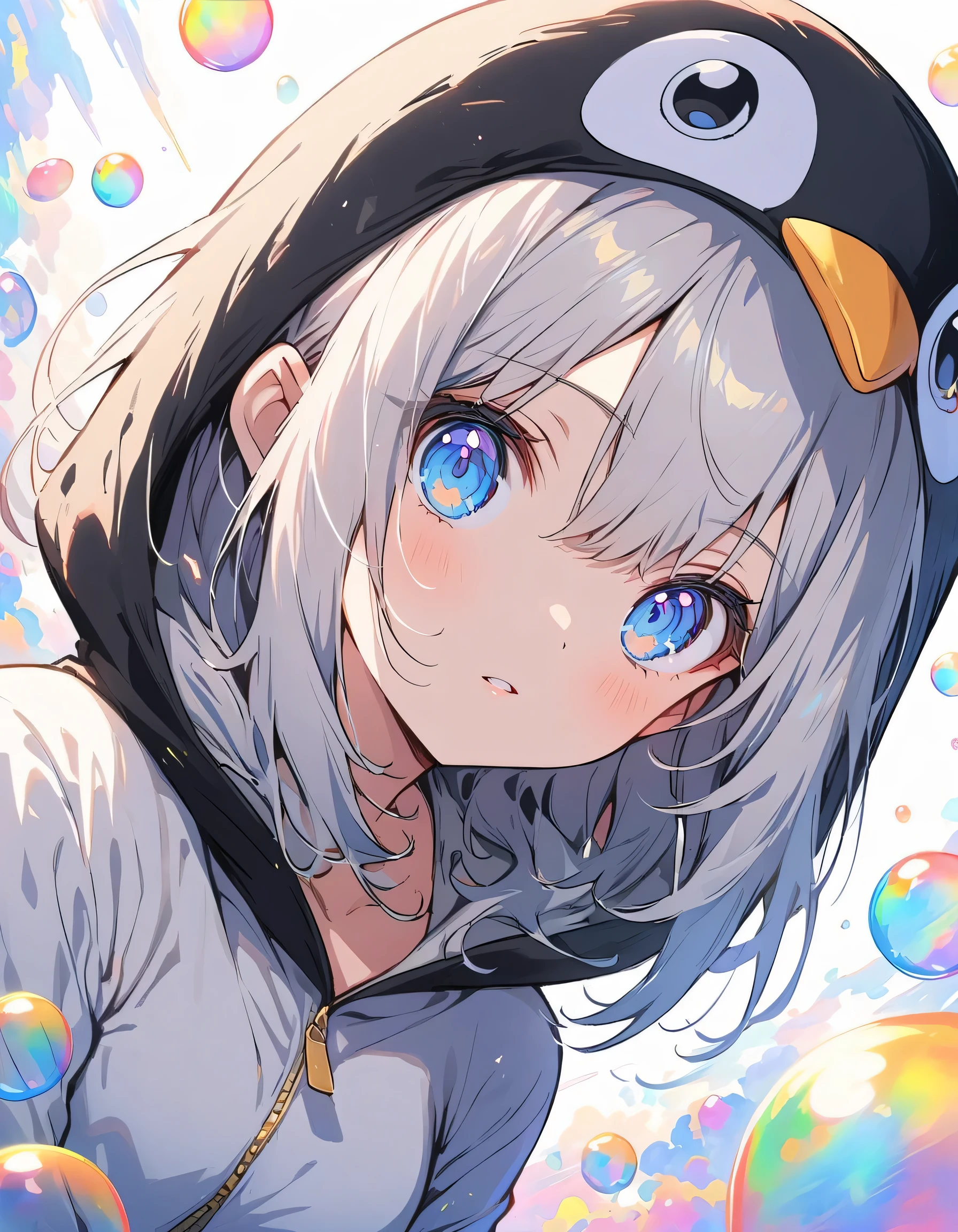 ((Wearing a penguin costume)), girl、cute、Penguin Parade、(highest quality、masterpiece、High resolution、detailed)、anime style、Flat Style、(Beautiful Eyes, Delicate and beautiful face,), BREAK,Girl 1 person、extremely detailed(The Shining), Best lighting, Best Shadow、floating, (High saturation), (Colorful Splash), Colorful bubbles, (Shine), Focus on the face, Dynamic Angle、anime、Pop Background