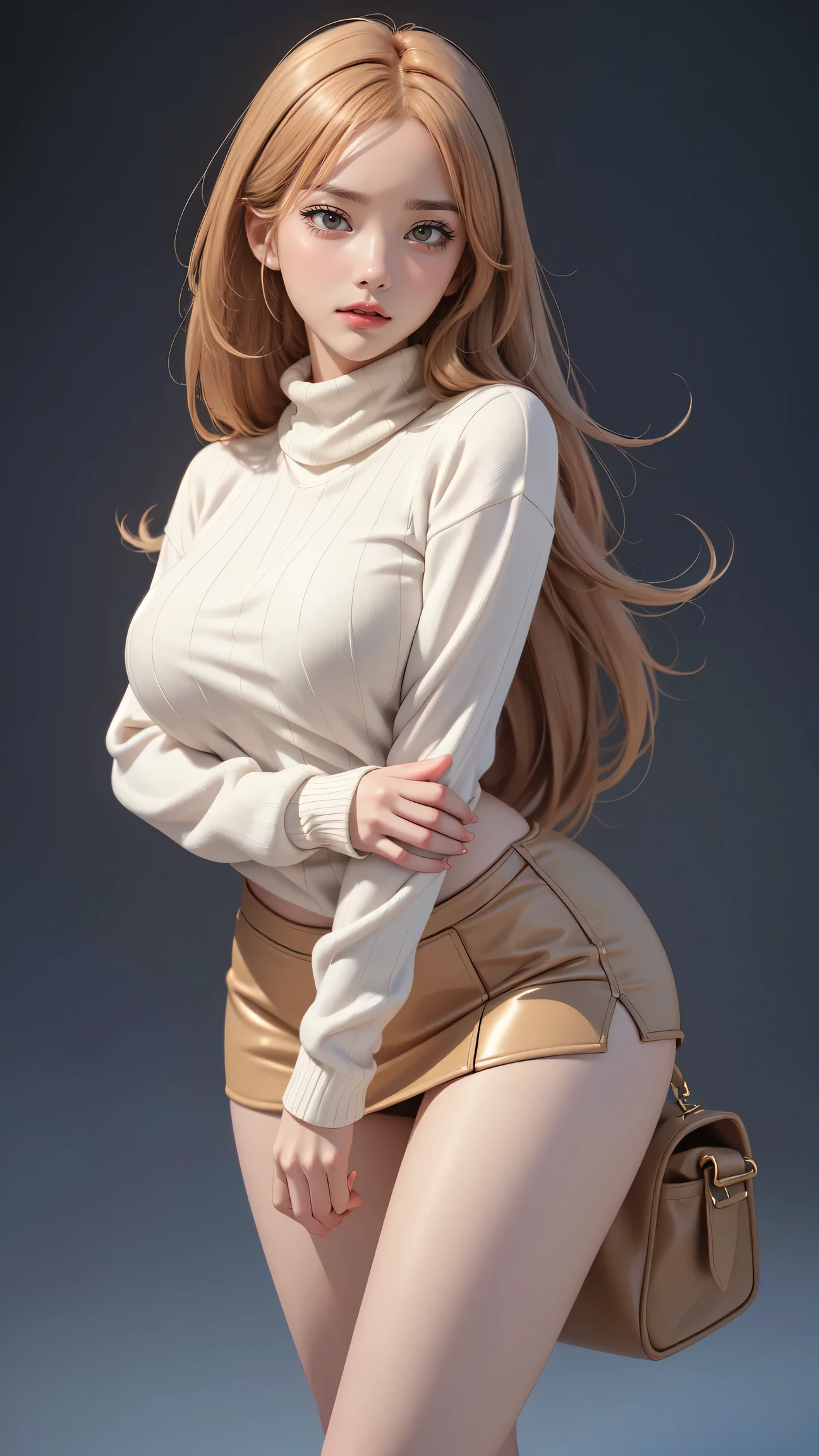 It's snowing,spread arms,town,(ultra detailed skin),curvy,,beautiful breasts,large breasts,pale skin,pointy breasts,erect nipples,(fantasy art,Highest image quality,Hyperrealist portrait,(8k),ultra-realistic,best quality, high quality, high definition, high quality texture,high detail,beautiful detailed,fine detailed,extremely detailed cg,detailed texture,a realistic representation of the face,masterpiece,Sense of presence,Dynamic,bold),(thin hair),(soft hair),Swept long bangs,extra light coppery amber hair,hair over one eye,clothed,(baggy sweater),tight mini skirt,stockings,Engineer boot,girl