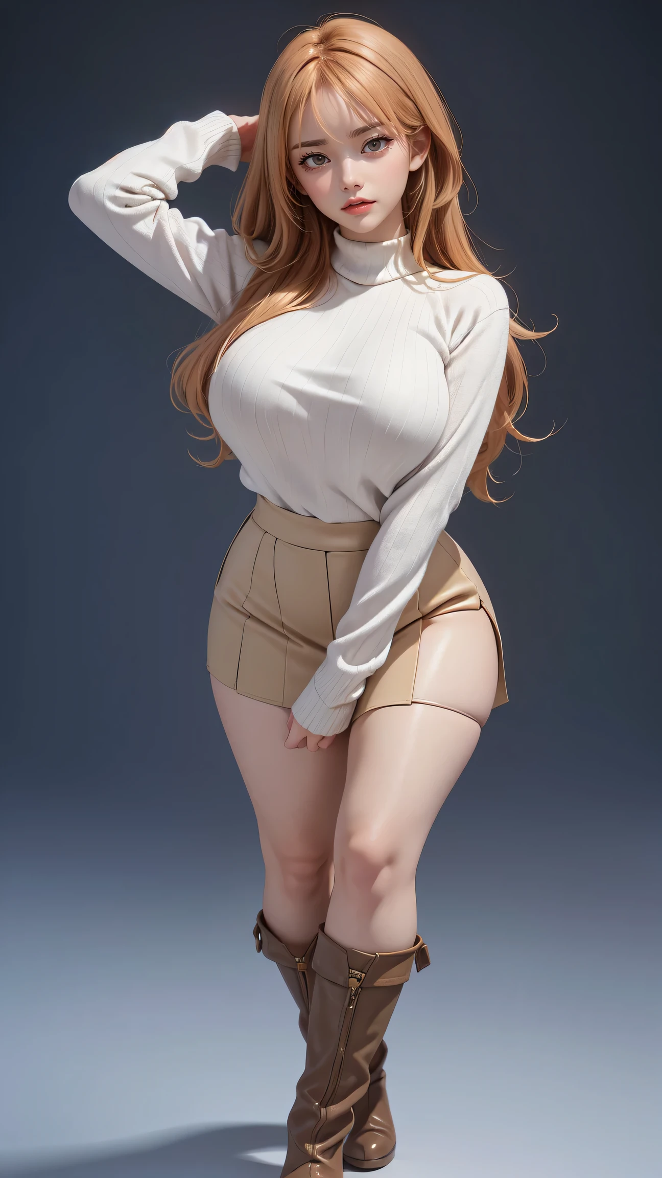 (Best quality, 8K, Masterpiece: 1.3), over sized Orange turtle neck sweater, orange knee high socks, red Maryjane shoes , red pleated skirt, glasses, brown eyes, brown bob hair, bangs, pretty, freckles, medium sized bust, big thighs,  standing at camera,