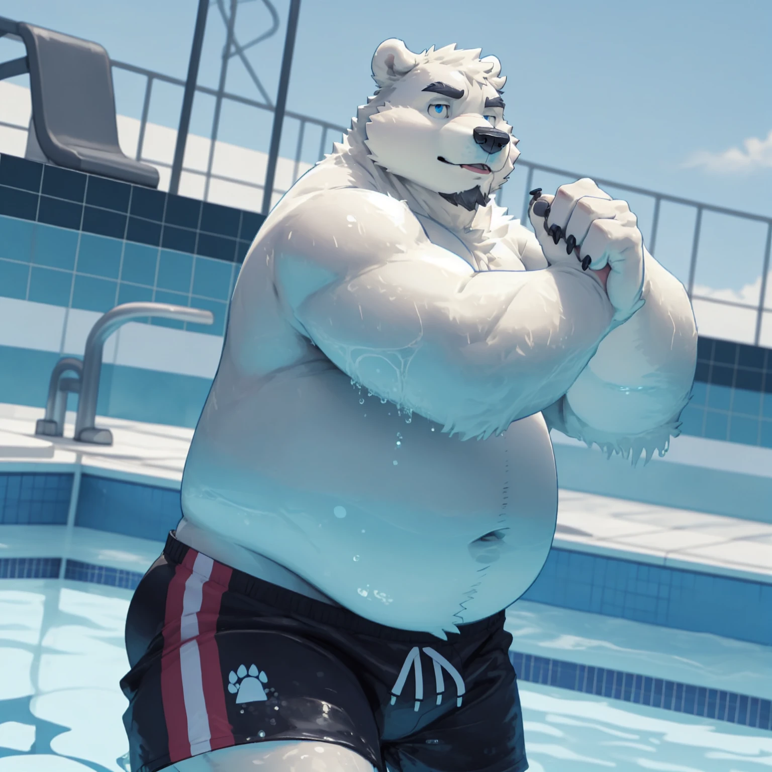 New Jersey 5 Furry,polar bear，Personal portrait,Unique，Exquisite， Chubby，Fat，Thick arms，Rugged muscles，Topless，White plush fur，Chubby脸，Black eyebrows，Sky blue eyes，Beard，shorts，Swimming pool，In the water，swim