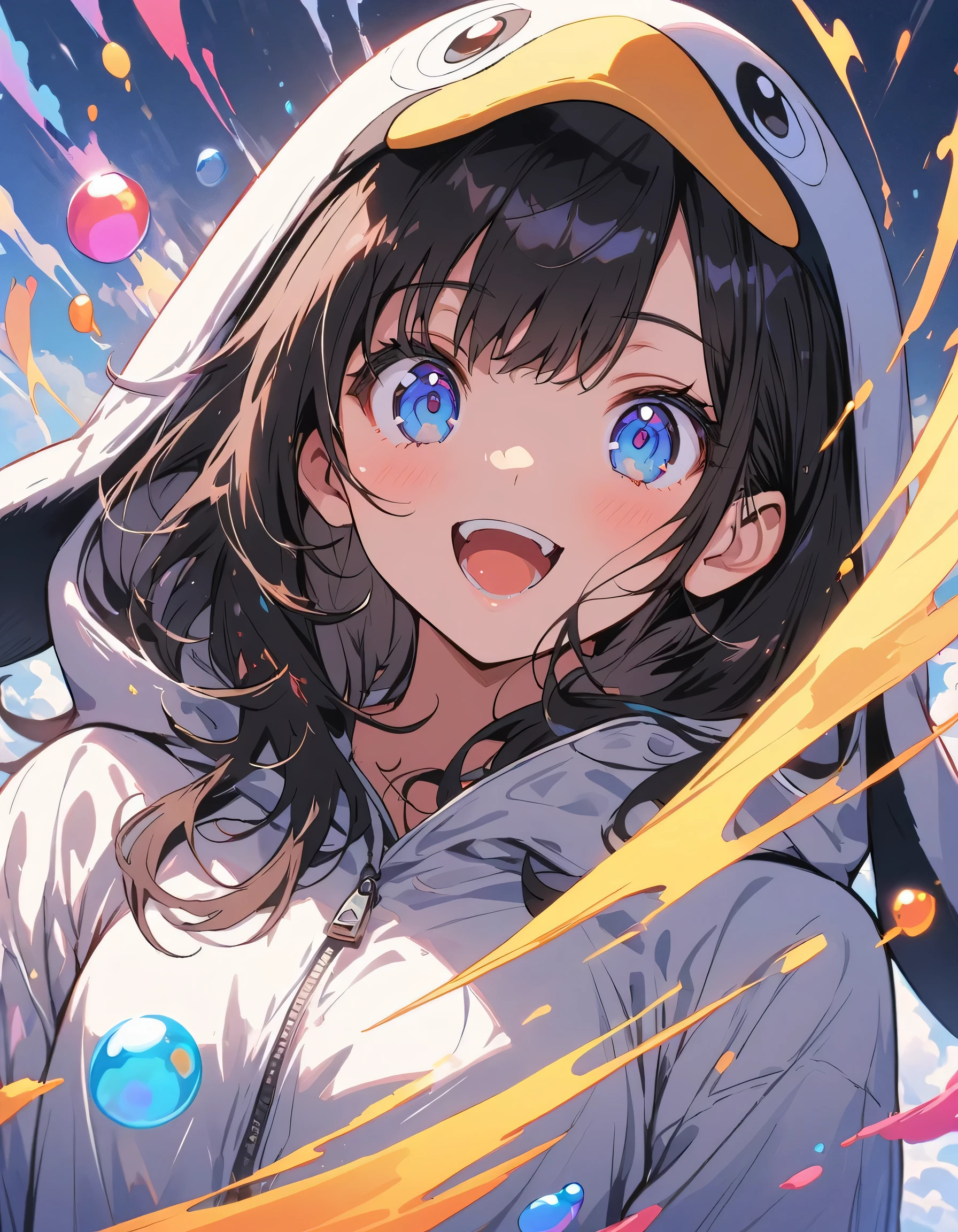 ((Wearing a penguin costume)), girl、cute、Penguin Parade、(highest quality、masterpiece、High resolution、detailed)、anime style、Flat Style、(Beautiful Eyes, Delicate and beautiful face,), BREAK,Girl 1 person、extremely detailed(The Shining), Best lighting, Best Shadow、floating, (High saturation), (Colorful Splash), Colorful bubbles, (Shine), Focus on the face, Dynamic Angle、anime、Pop Background