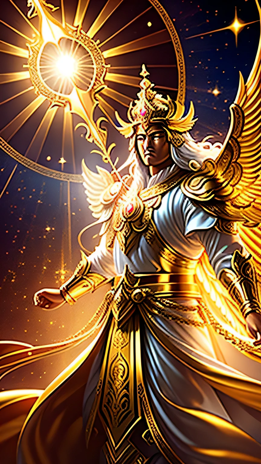 (absurderes、hight resolution、ultra-detailliert、realisitic、)、(Golden Gatot Kaca), which is a symbol of auspiciousness and peace, is also the embodiment of loyalty and chastity, or the embodiment of bravery and wisdom, Drive endlessly through the gold, One Human、 Shining,(Human of God),flustured,(Shining with golden light),Solo,nigth,One person elevation angle,super detailing,best qualtiy,tmasterpiece,(8K),Extremely detailed,magnificent artwork,The picture is clear,Golden light on background