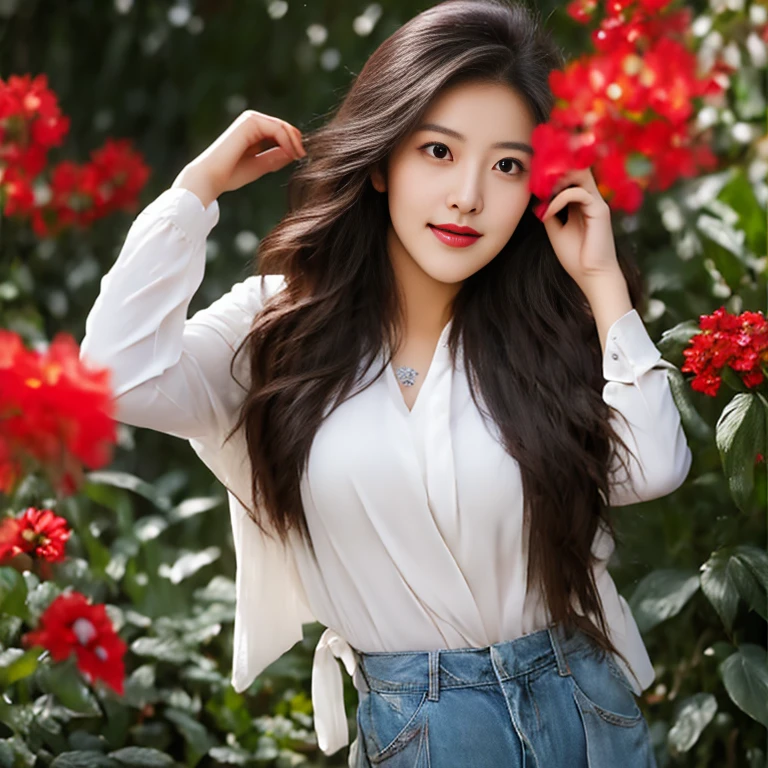 Young Asian woman with long flowing hair blowing up,) He wore old, ripped, skin-tight short jeans.,) Look straight at the camera intently,) Focus on the face clearly,) The countryside outdoors has bright red flowers all around and an old thatched hut., Wear a red sports shirt,Blue,black,)  Exaggerated colors cool action poses,) 8K images, Shot with a high quality camera with 45000000000 pixels.