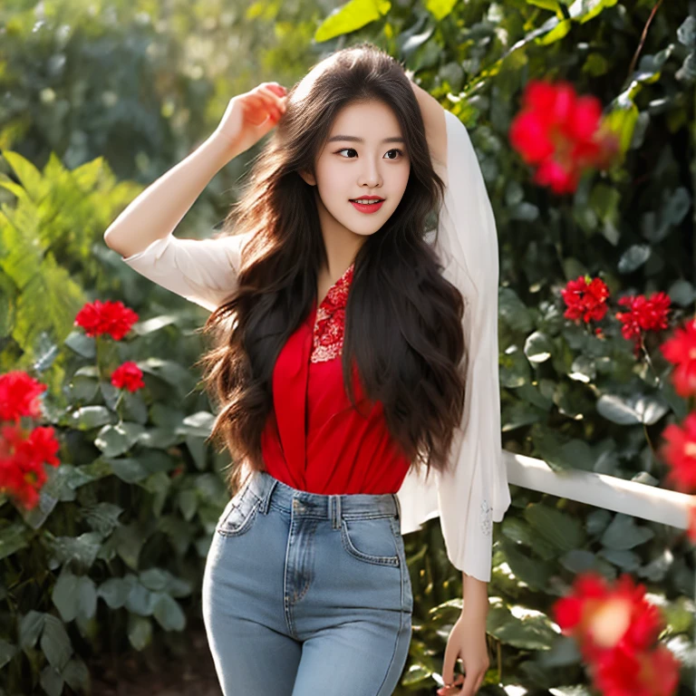 Young Asian woman with long flowing hair blowing up,) He wore old, ripped, skin-tight short jeans.,) Look straight at the camera intently,) Focus on the face clearly,) The countryside outdoors has bright red flowers all around and an old thatched hut., Wear a red sports shirt,Blue,black,) Exaggerated colors cool action poses,) 8K images, Shot with a high quality camera with 45000000000 pixels.