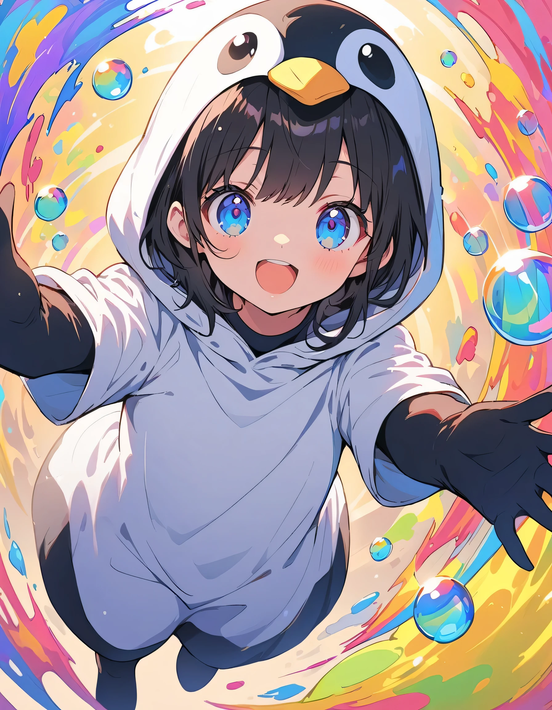 ((Wearing a penguin costume)), girl、cute、Penguin Parade、(highest quality、masterpiece、High resolution、detailed)、anime style、Flat Style、(Beautiful Eyes, Delicate and beautiful face,), BREAK,Girl 1 person、extremely detailed(The Shining), Best lighting, Best Shadow、floating, (High saturation), (Colorful Splash), Colorful bubbles, (Shine), Focus on the face, Dynamic Angle、anime、Pop Background