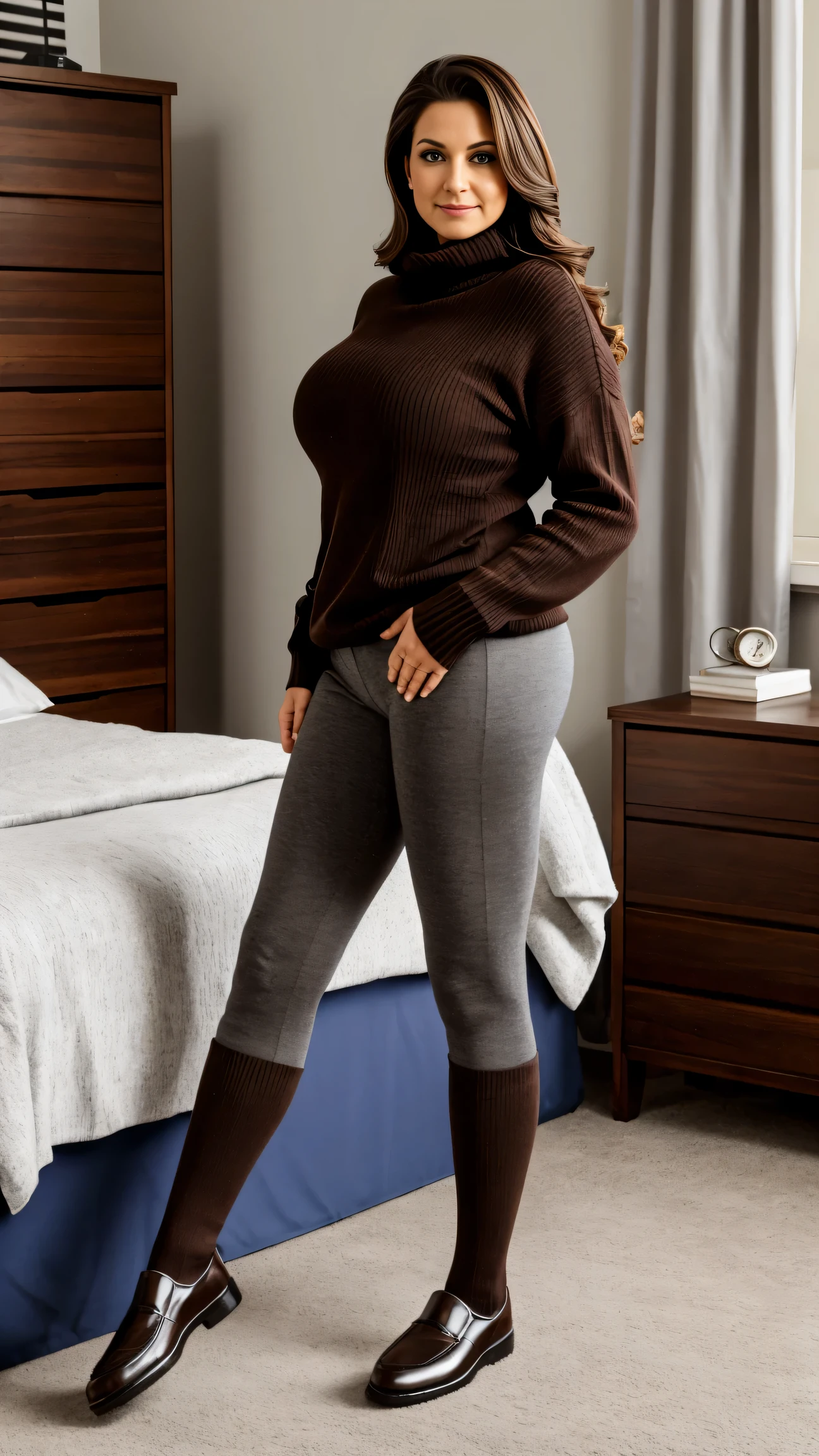 style:photo | Alltotal Body Photo Of glamour Woman In Dark Brown Knee Socks, Standing On Hard Wood, Penny Loafers, Brown Turtleneck,, as a 45_old woman, big breast Jumbo breast sexy, fat straight_hair, Izrael Syria woman standing, preppy, sweater dekolt obcisły sweter sweater, dark, viewed_from_distance, full_body, cute white high socks, bedroom, wide_angle view, entire_body_in_view