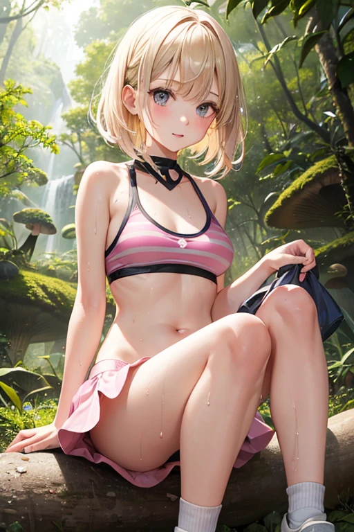1girl, cute, slender, round face shape with angular jaw, blonde with bangs, grey eyes, swimsuit top, picking wet pink colorful mushrooms in a celestial forest, sunshine, stripe socks, pink skirt, windy