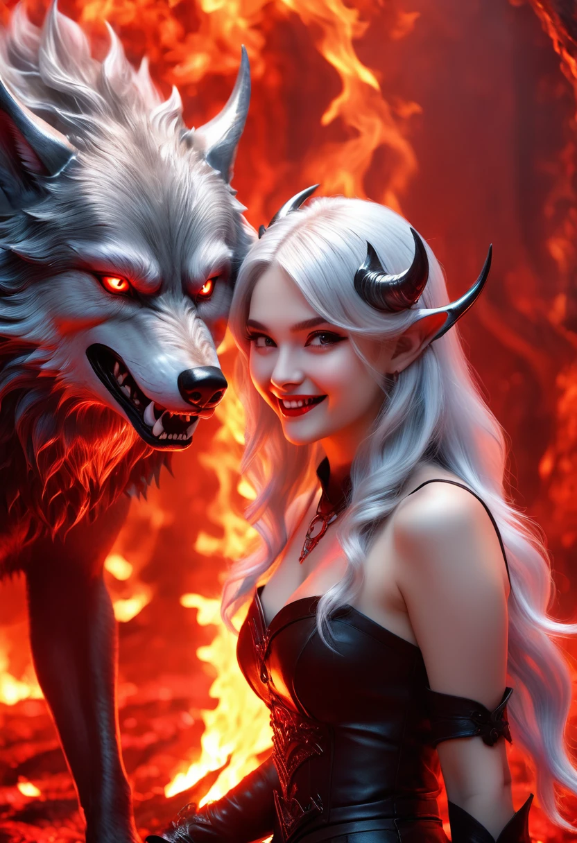 Beautiful 8K Ultra HD professional photos, Sharp focus, In a stunning fantasy world, A cute silver-haired girl,There are real demon horns and a mysterious 1 giant hell wolf, A joyful smile, In red flaming light,hell lady