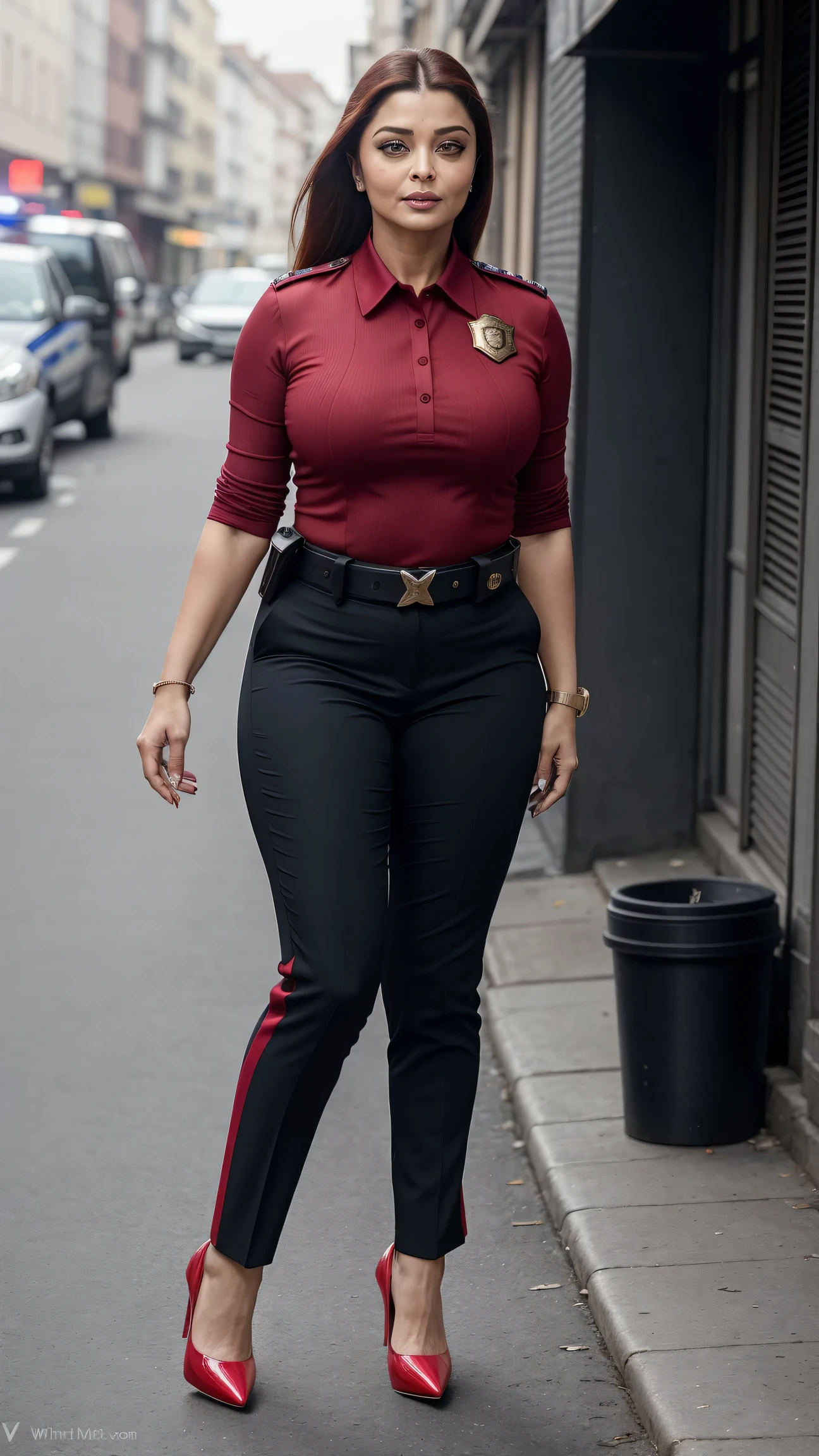 50yo mature MILF Aishwarya Rai as police officer, red cotton police uniform, tight shirt, ((very high heels)), ponytail hair, mature athletic curvaceous milf body, ((catwalk alone in street)), hourglass milf figure, bright sunny day, (((seductive expression))) on her face, look at a camera and wink one eye, soft volumetric lights, intricate details, (ArtStation:1.2)